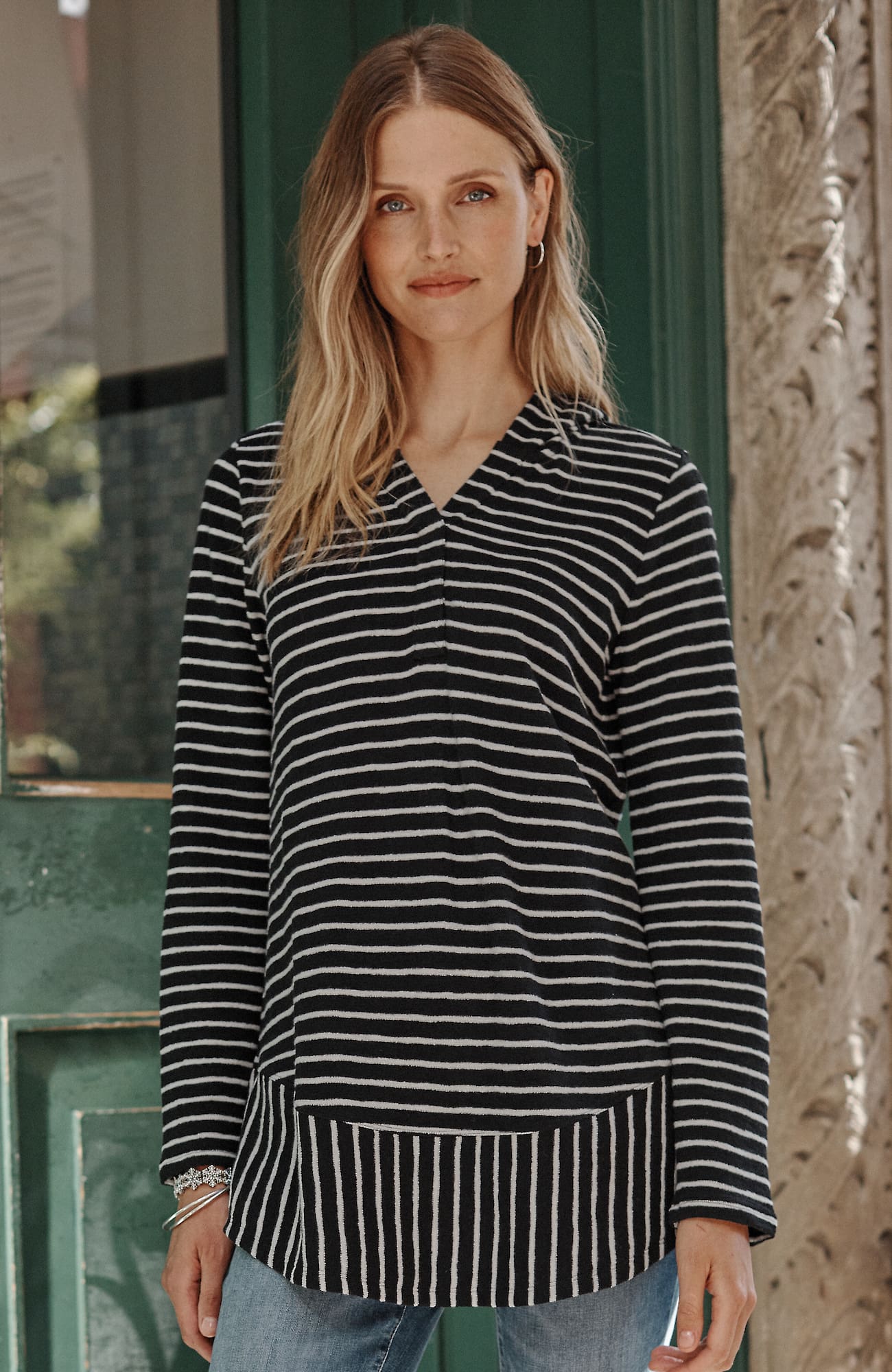 Shop Jjill J.jill Mixed-stripes Hooded Tunic In Black,oatmeal Heather