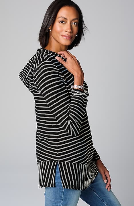 mixed-stripes hooded tunic