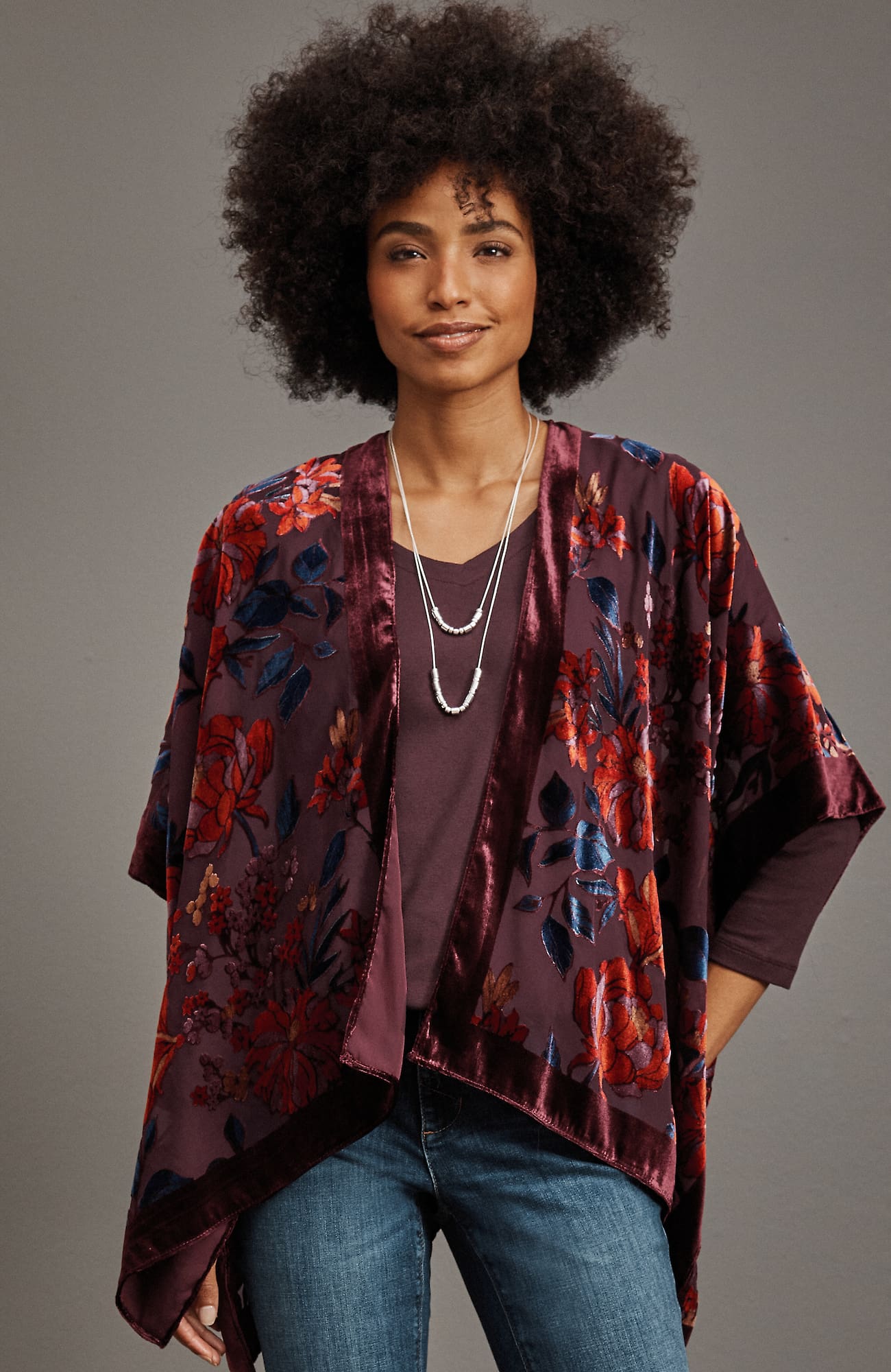 Jjill J.jill Floral Burnout Velvet Ruana In Dark Maroon Multi