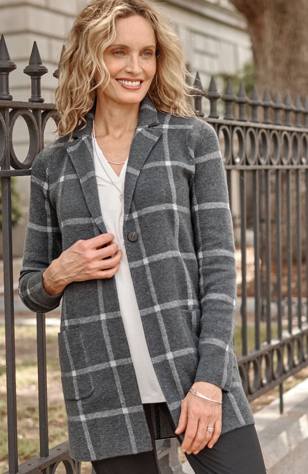 Jjill J.jill Wearever Windowpane Sweater-jacket In Charcoal Heather,grey Heather