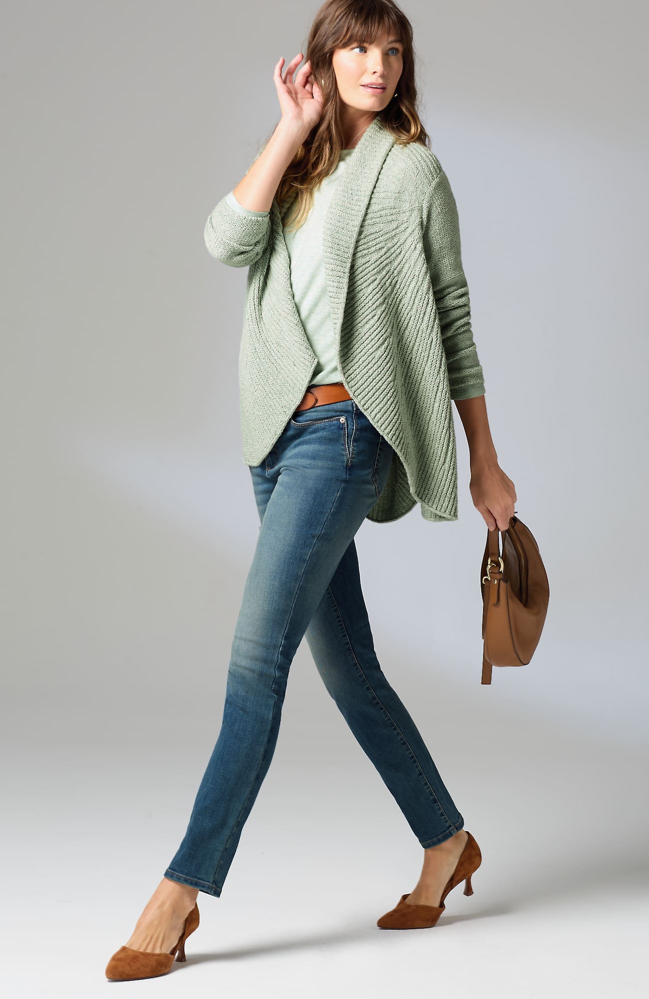 Jjill J.jill Pure Jill Curved-hem Cabled Cardi In Soft Pear Heather