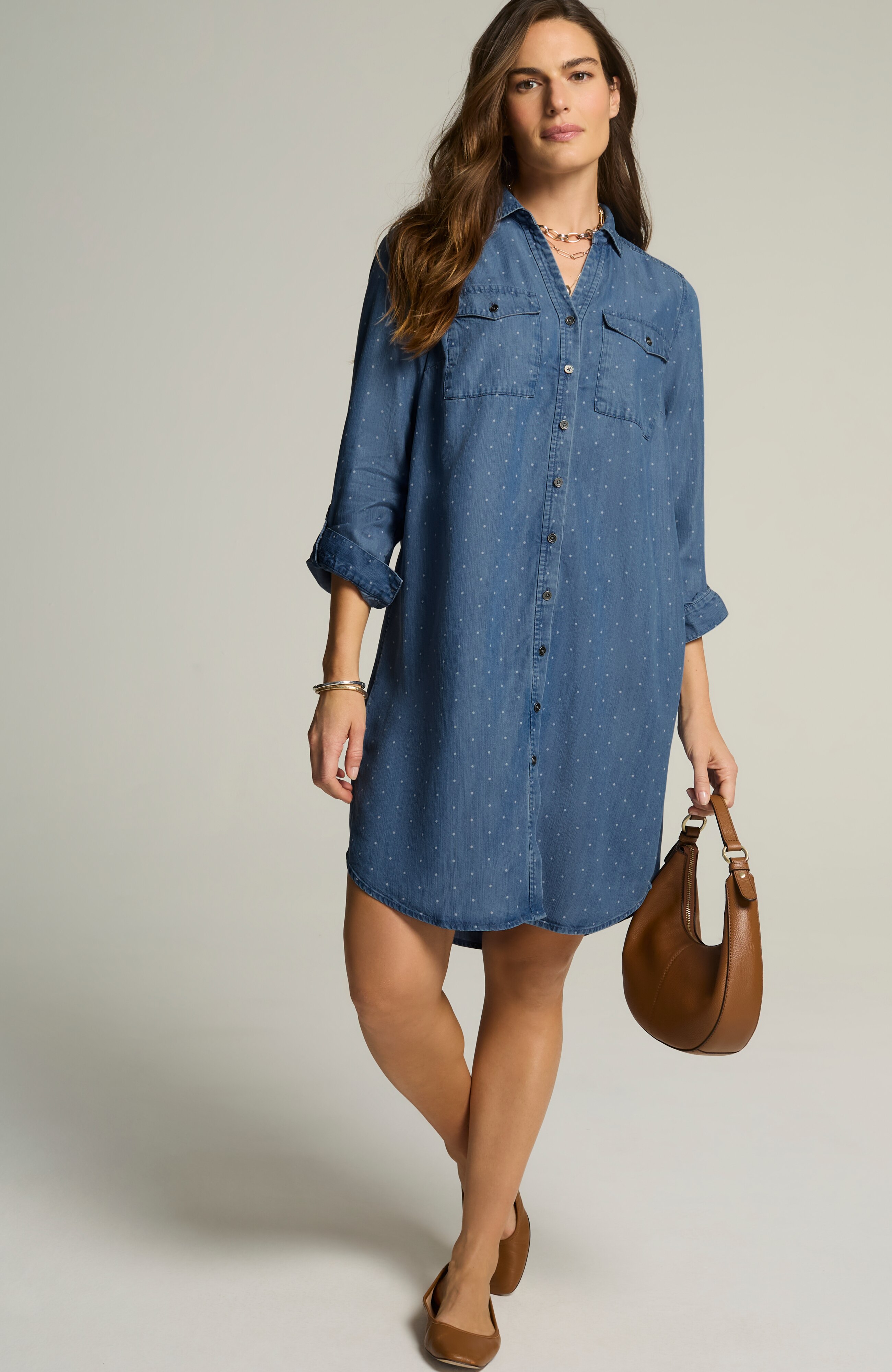 indigo polka-dot shirtdress