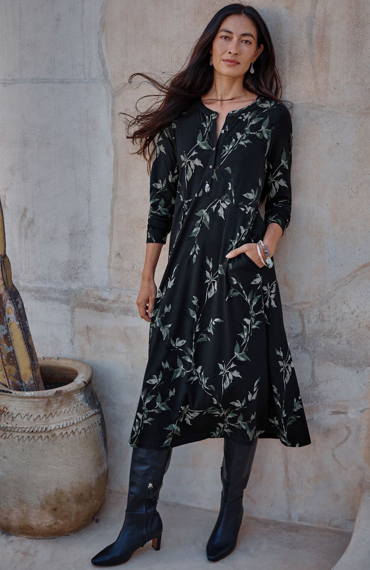Jjill J.jill Pure Jill Printed-knit Midi Dress In Nightingale Painterly Vines