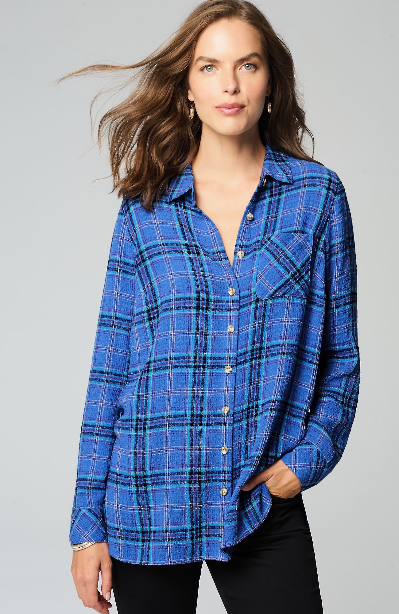 JJILL J.JILL SOFT CRINKLED PLAID TUNIC 