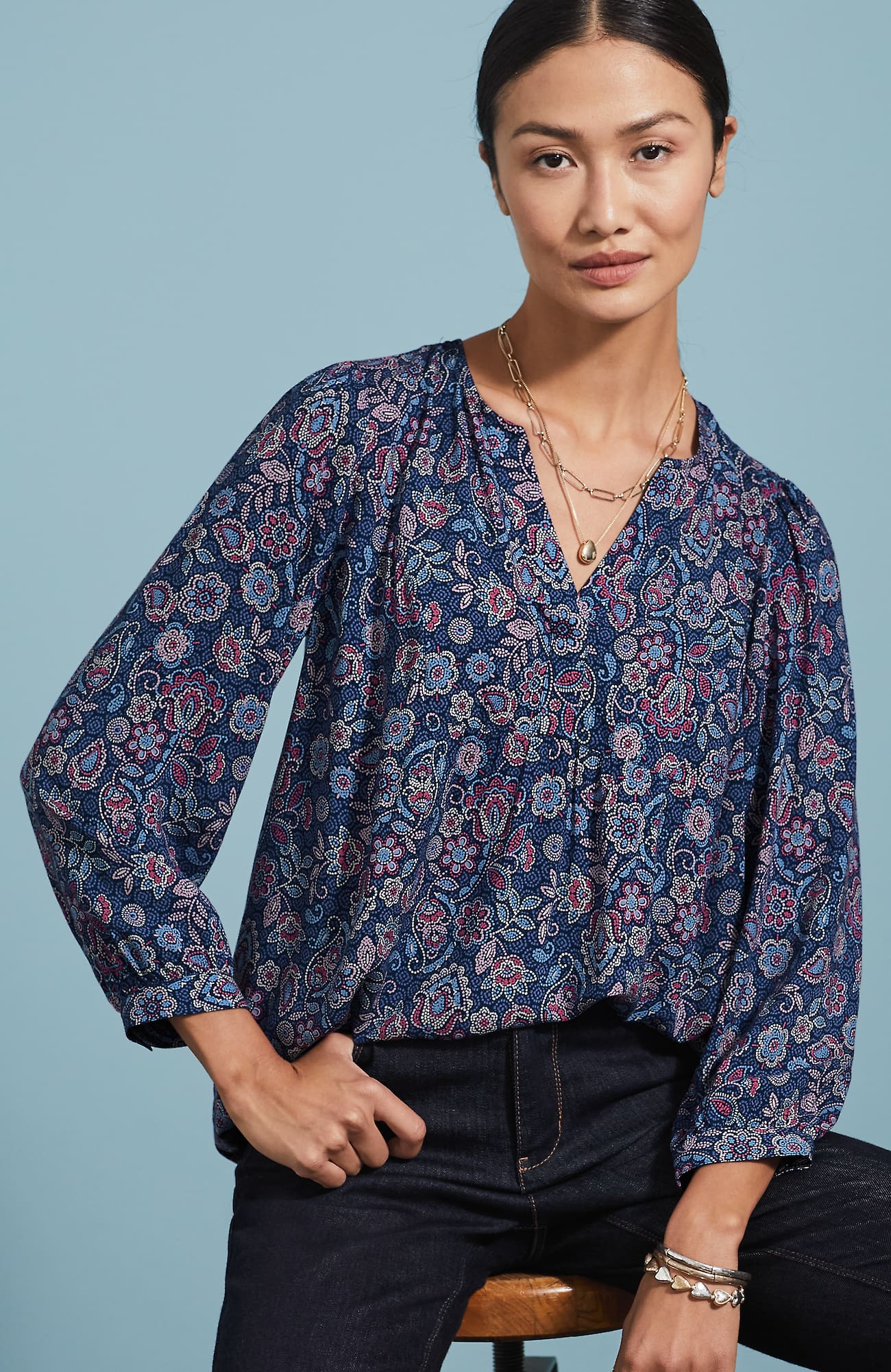 Jjill J.jill Soft Voile Shirred Top In Dark Blue Dotted Jacobean