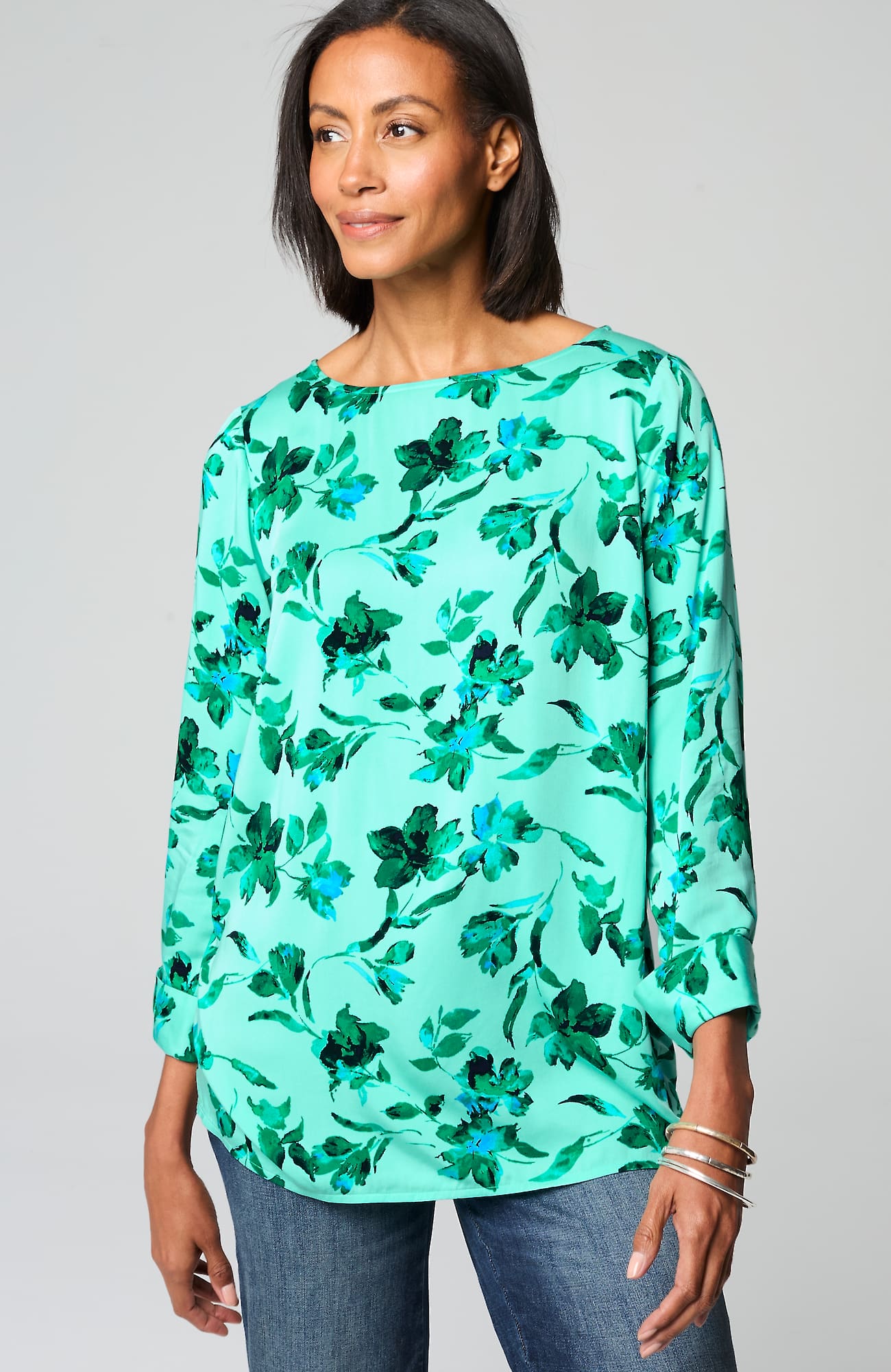 Jjill J.jill Satin A-line Top In Light Enamel Green Dazzling Floral