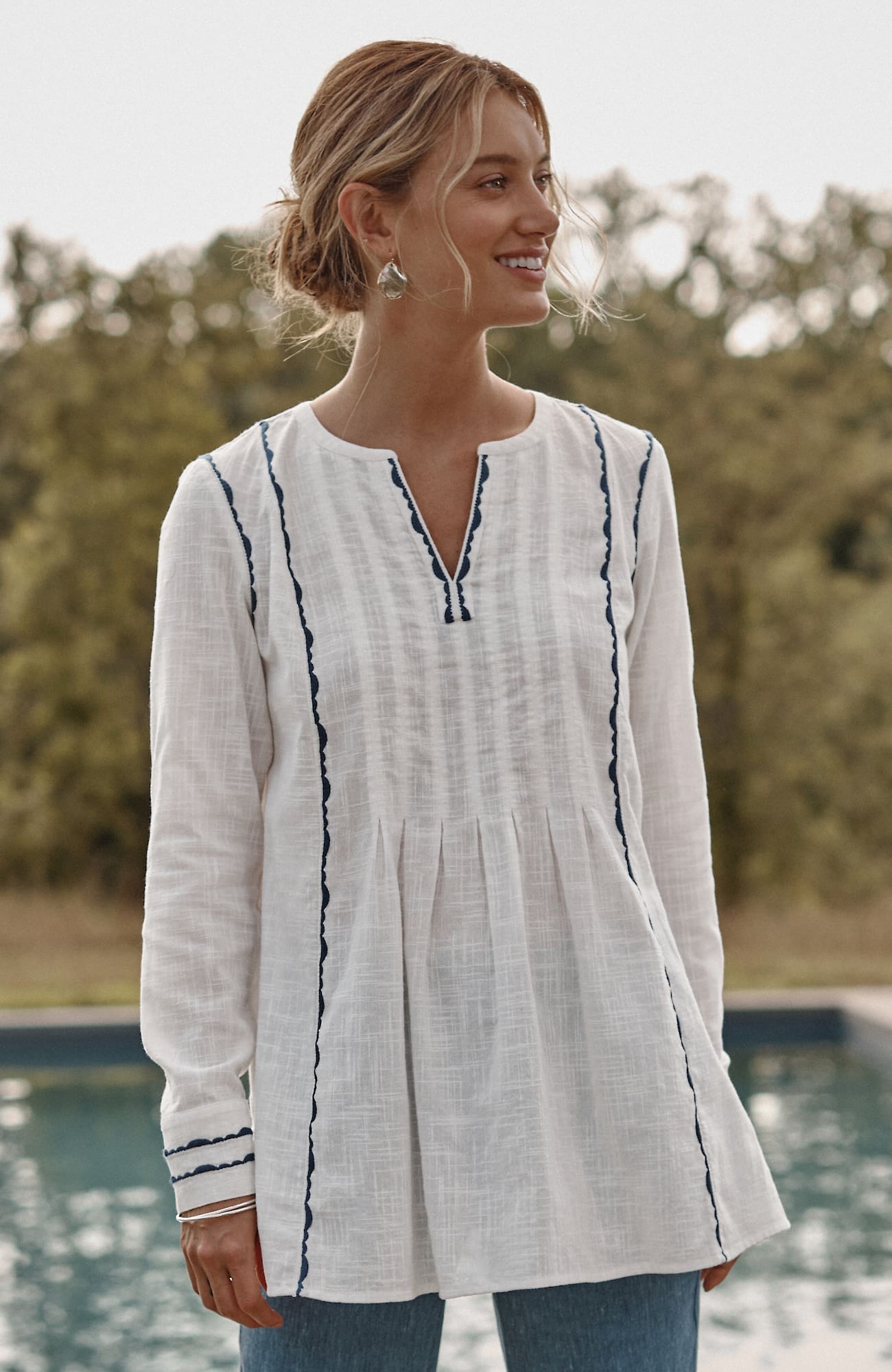 Jjill J.jill Geometric Embroidered Tunic In Cream,blue