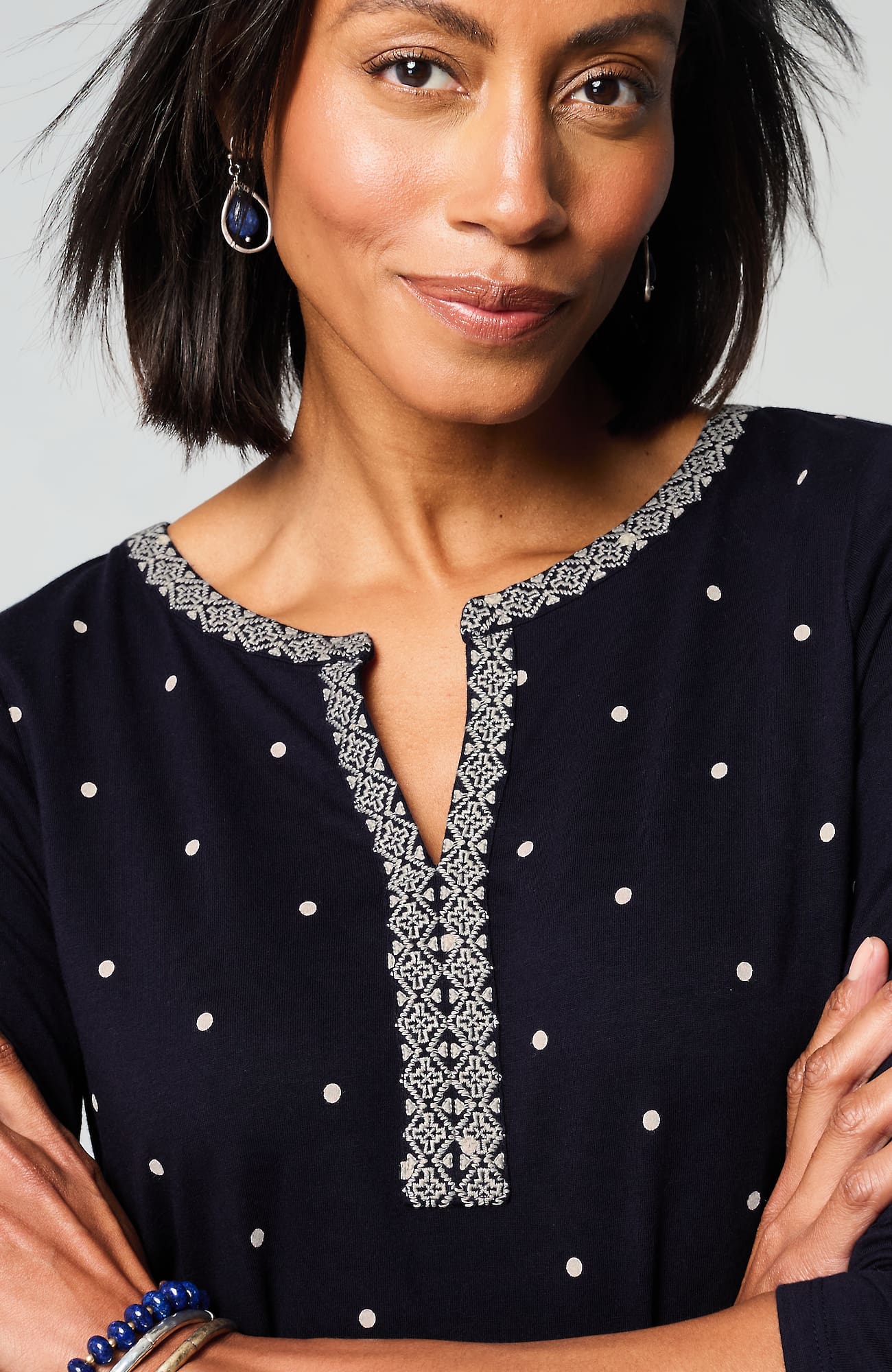Jjill J.jill Embroidered & Printed Dot Top In Navy Blue Opened Dots