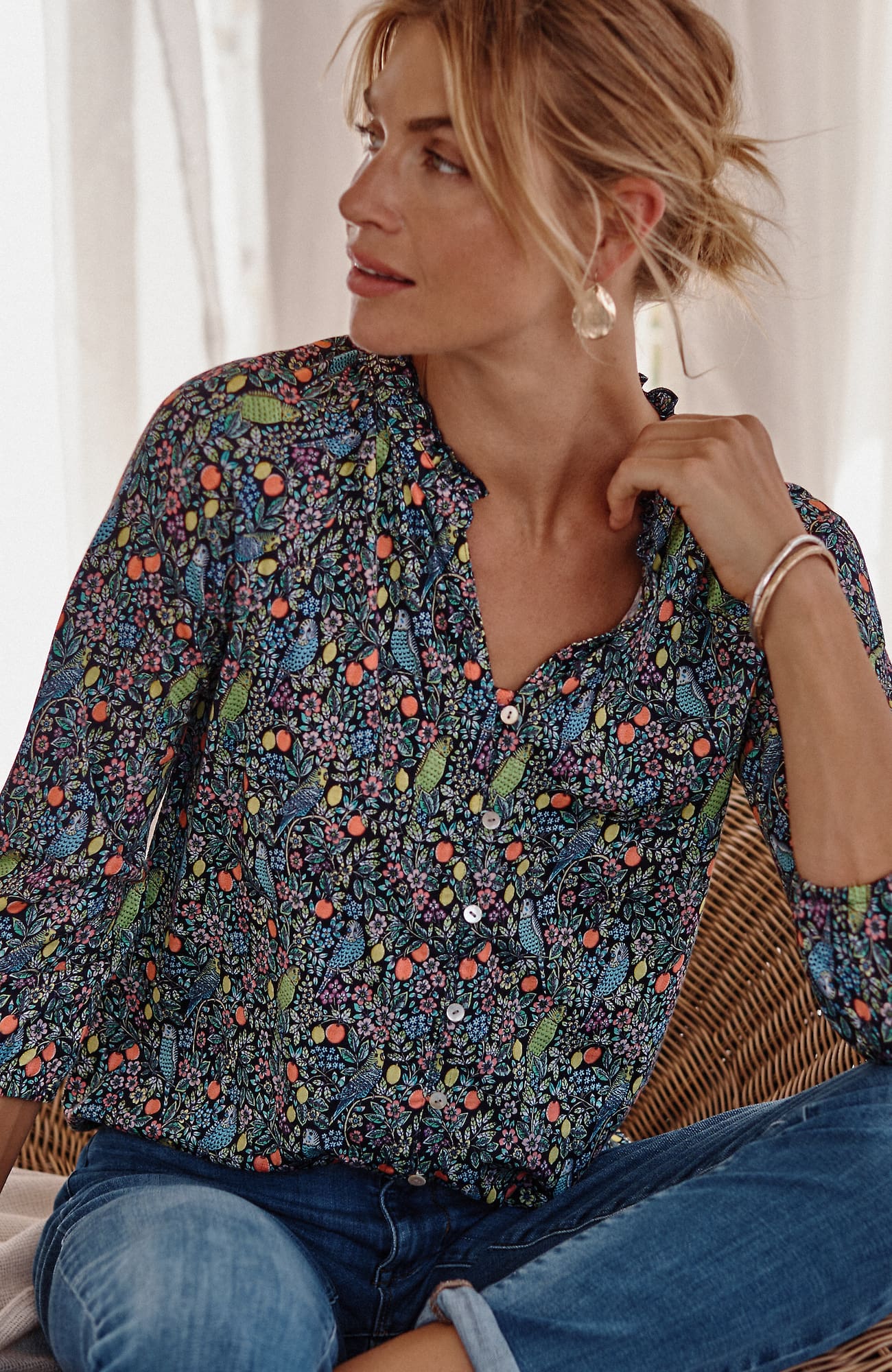 Jjill J.jill Ruffle-neck Button-front Top In Marine Enchanting Garden
