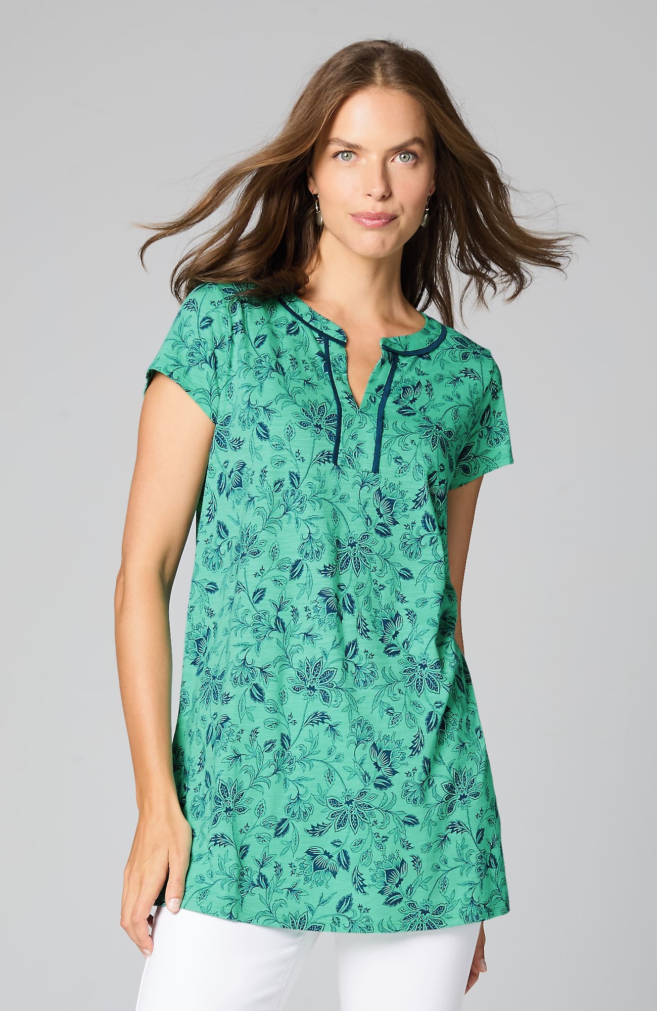 Jjill J.jill Piped Tunic In Fresh Mint Large Hand Drawn Jacobean