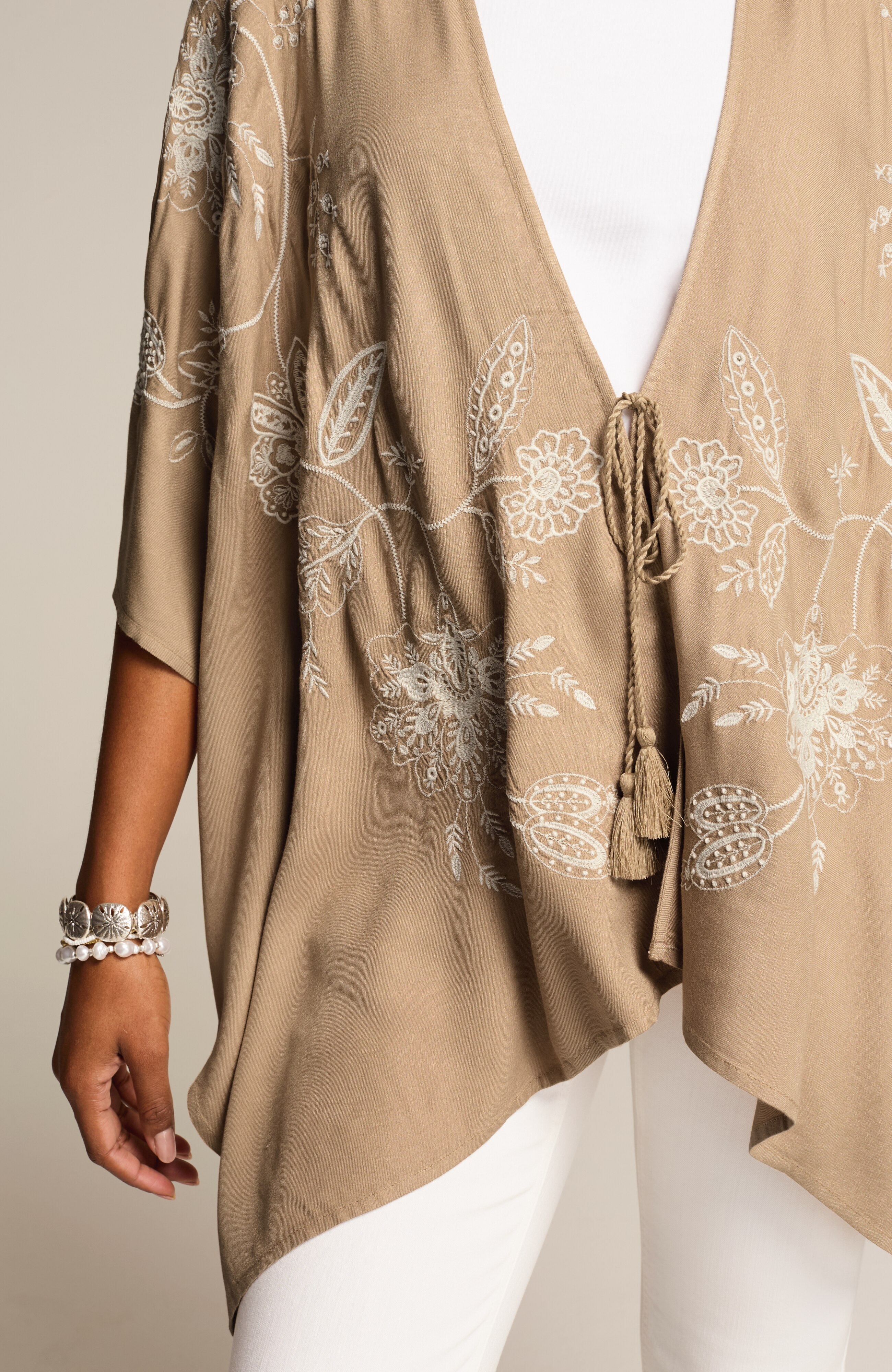 embroidered tie-front ruana