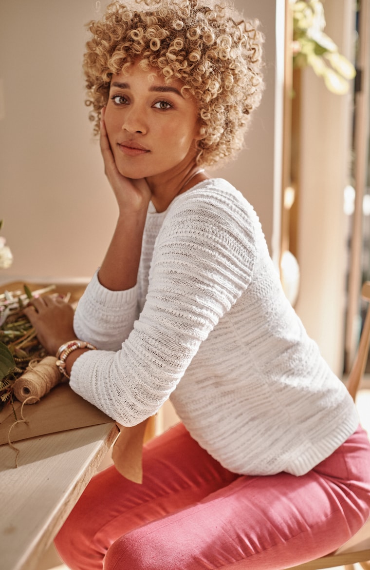 Primary view of the placed-pattern slub-textured sweater