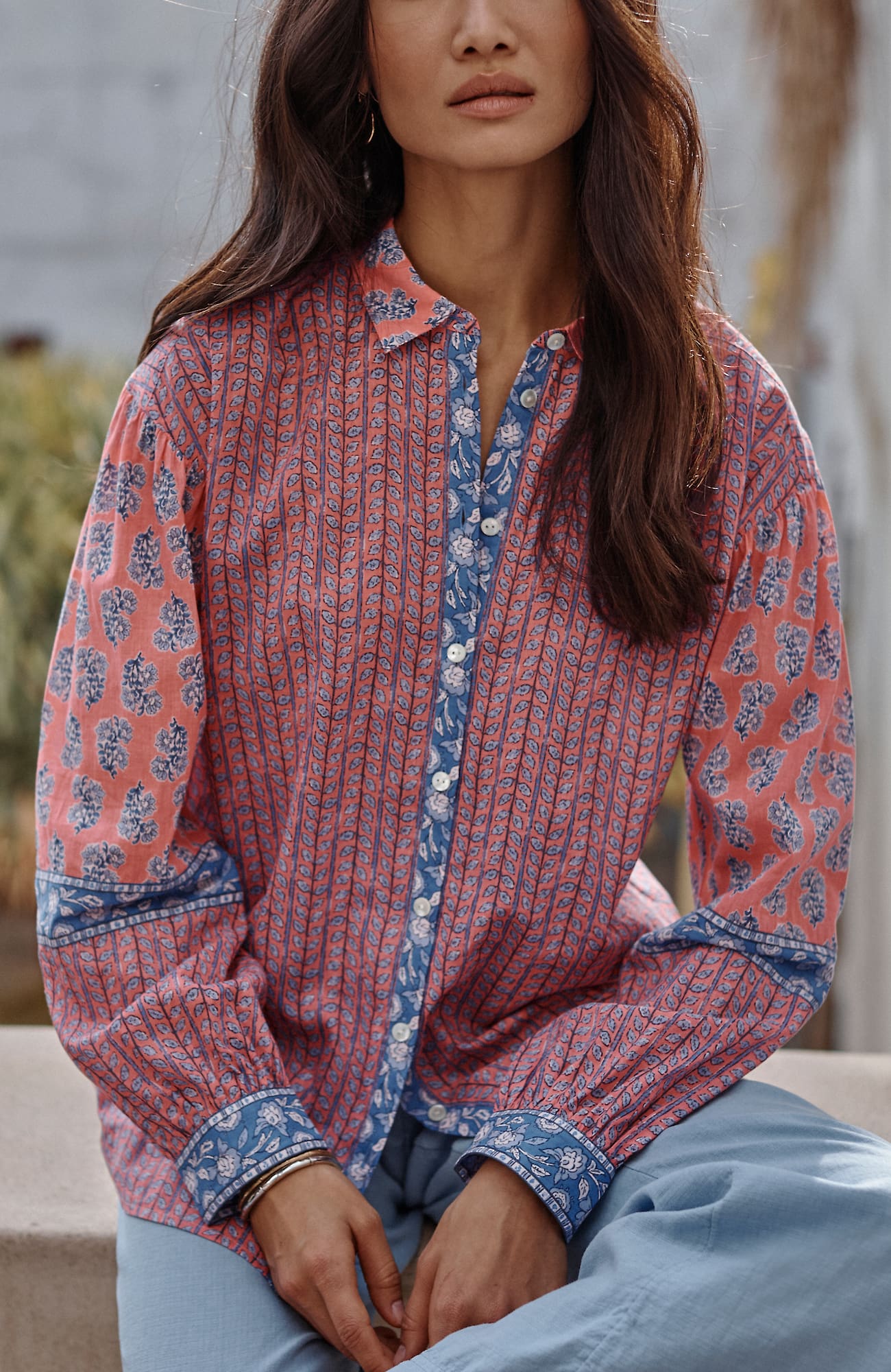 Jjill J.jill Pure Jill Mixed-print Button-front Top In Cactus Flower Mixed Filigree