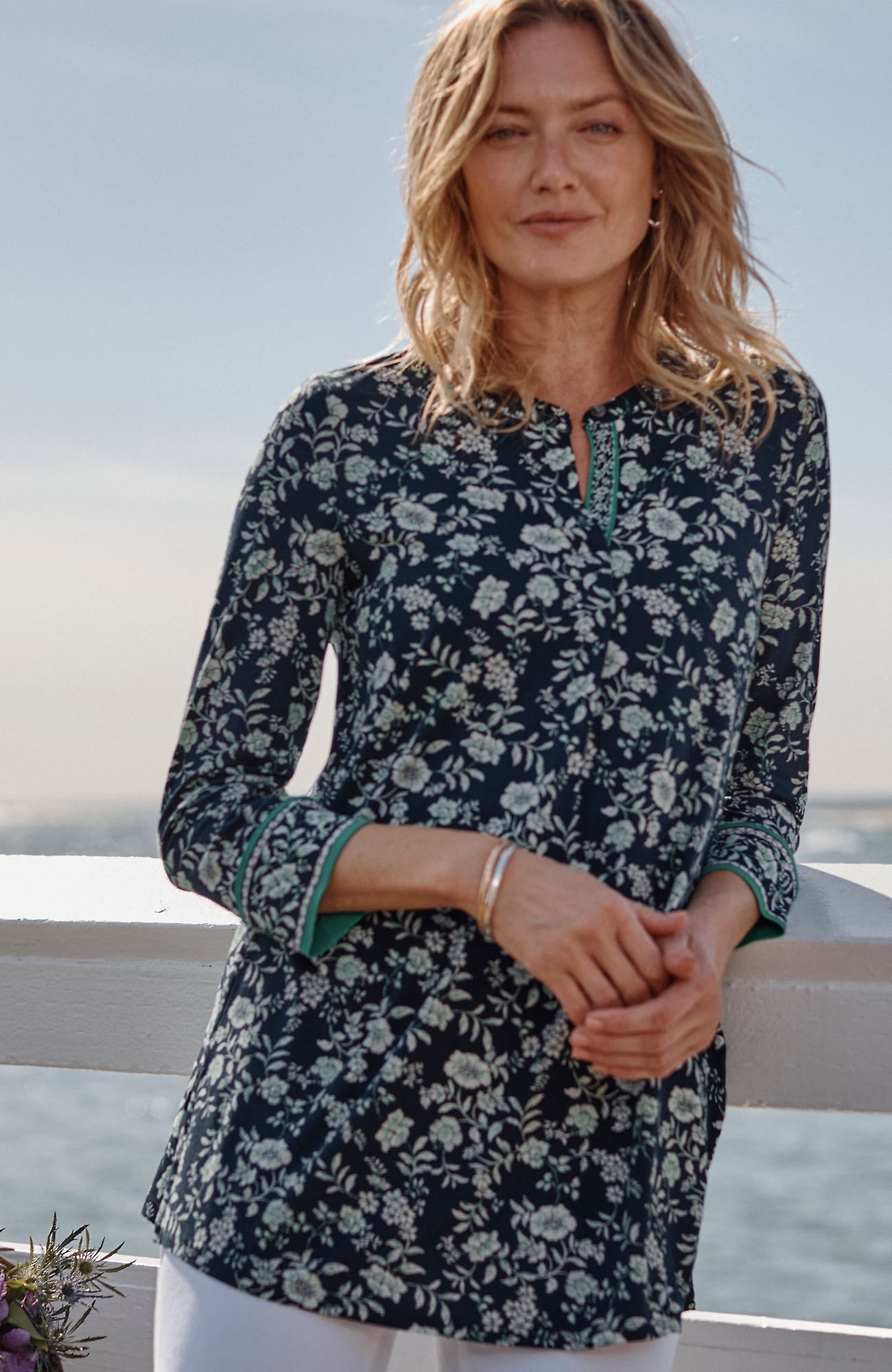 Jjill J.jill Wearever 3/4-sleeve Split-neck Tunic In Navy Blue Sophisticated Garden