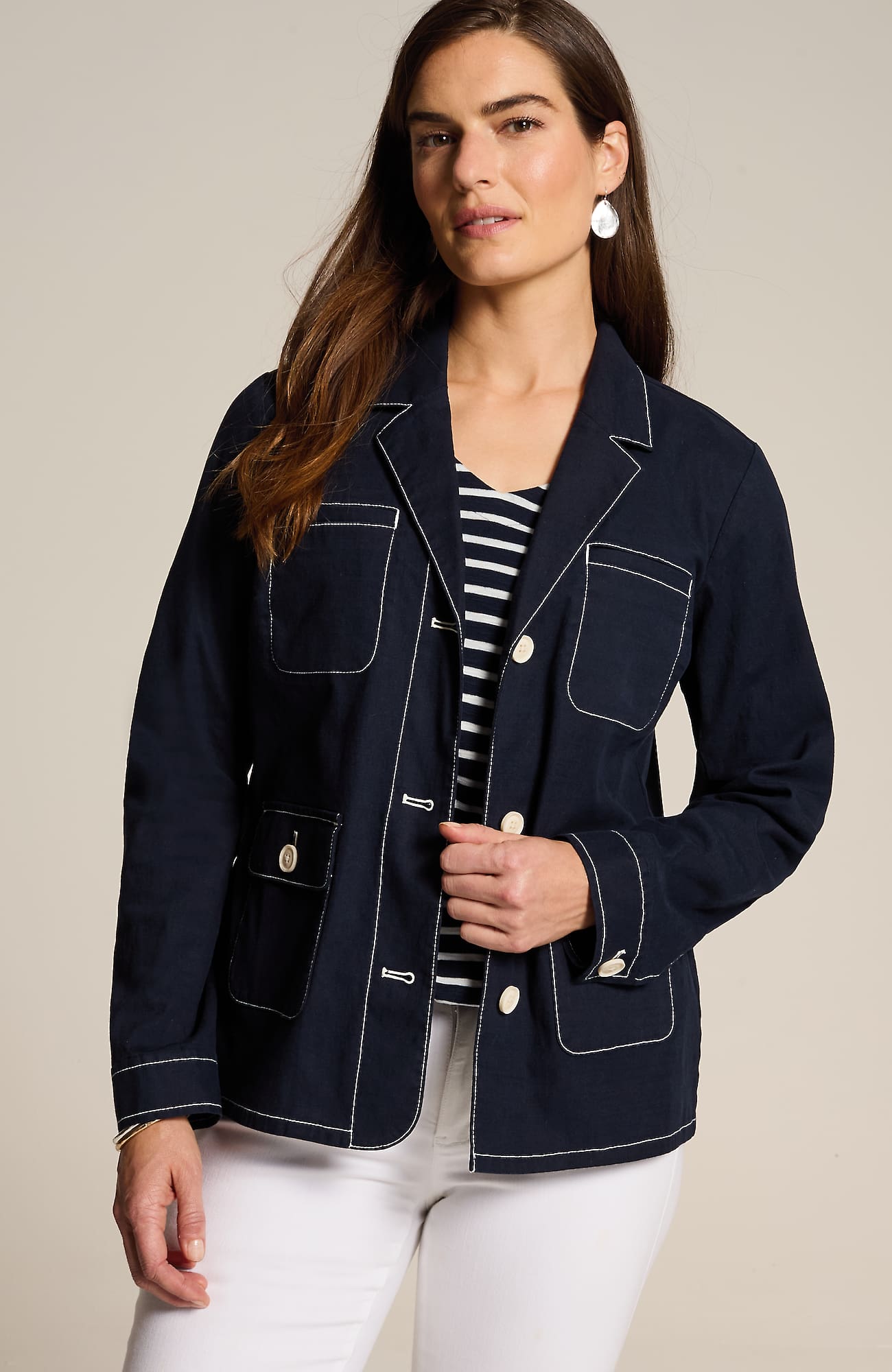 Jjill J.jill Contrast-stitched Jacket In Navy Blue,cream