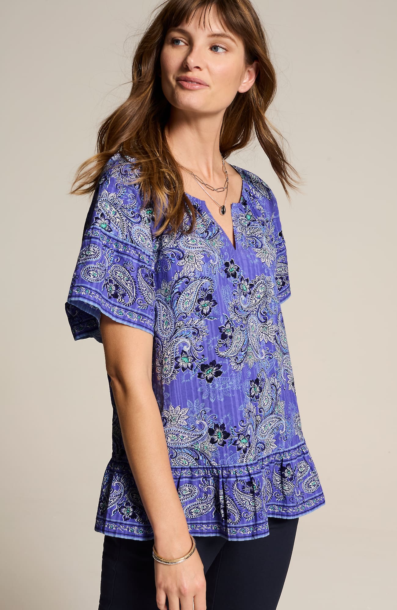 Jjill J.jill Printed Split-neck Top In Blue Orchid Blossoming Paisley