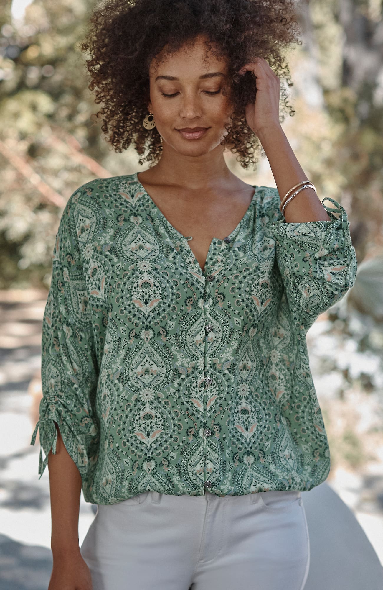 Jjill J.jill Printed Crinkle-textured Top In Willow Exquisite Medallion
