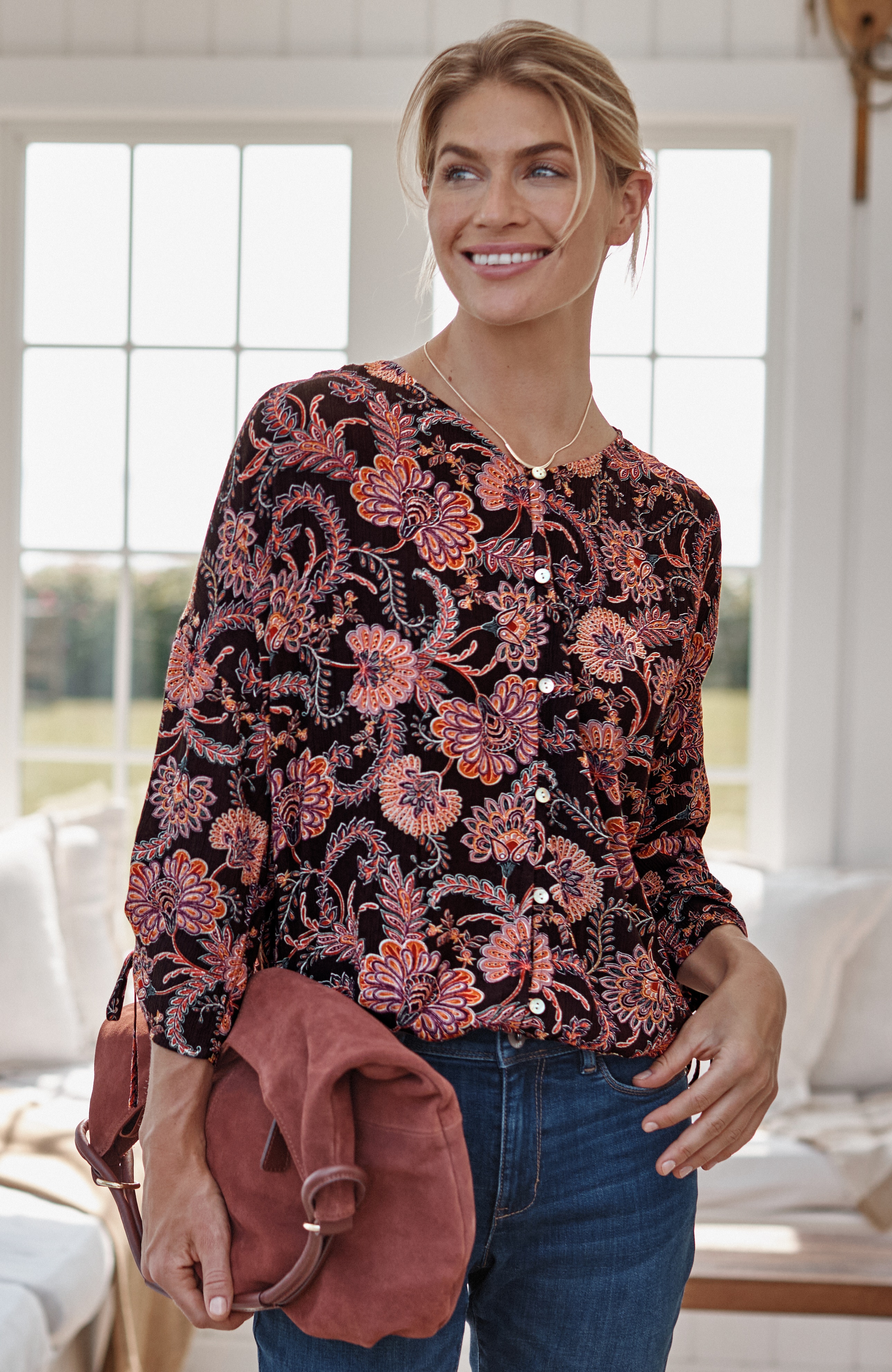 printed crinkle-textured top