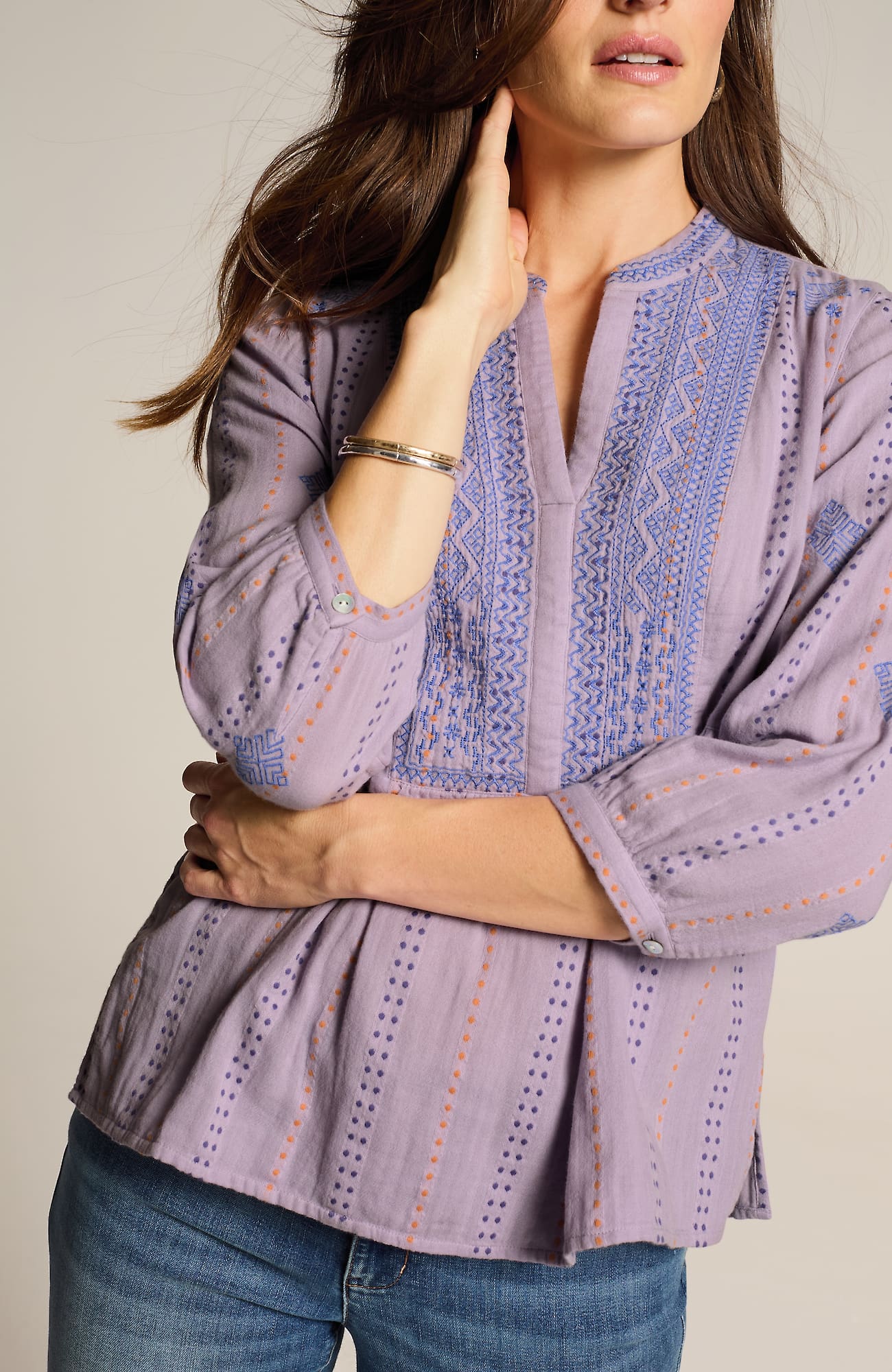 Jjill J.jill Cotton-gauze Embroidered Popover In Dusty Lilac Multi