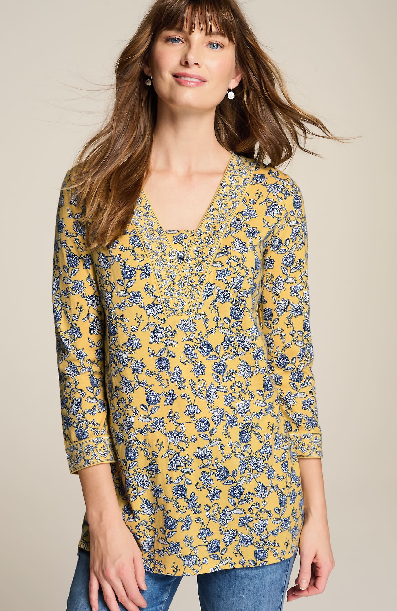 JJILL J.JILL BORDER-PRINTED V-NECK TUNIC