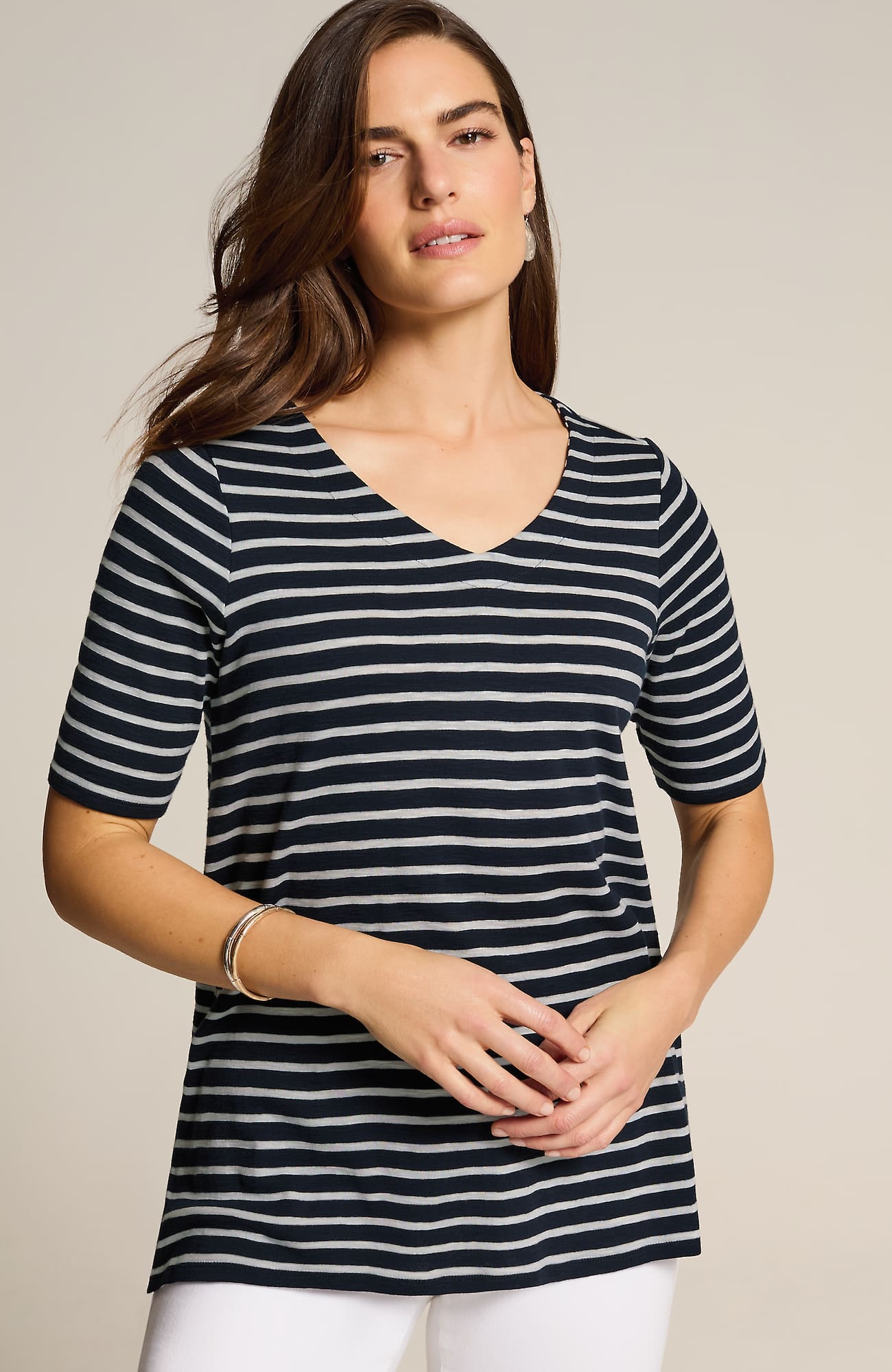 Jjill J.jill Pima-slub Elbow-sleeve Tee In Navy Blue,cream