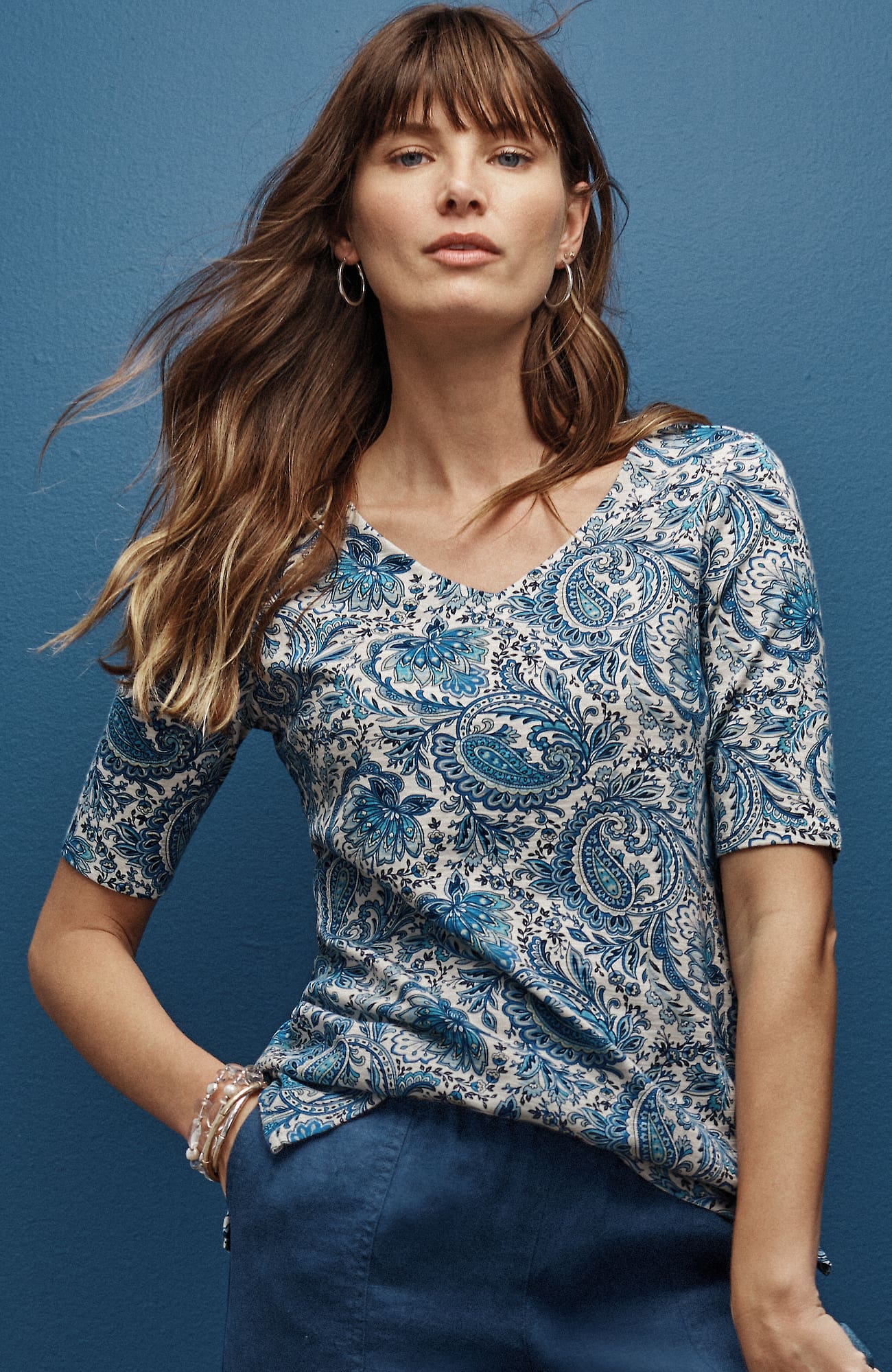 Jjill J.jill Pima-slub Elbow-sleeve Tee In Cream Majestic Paisley