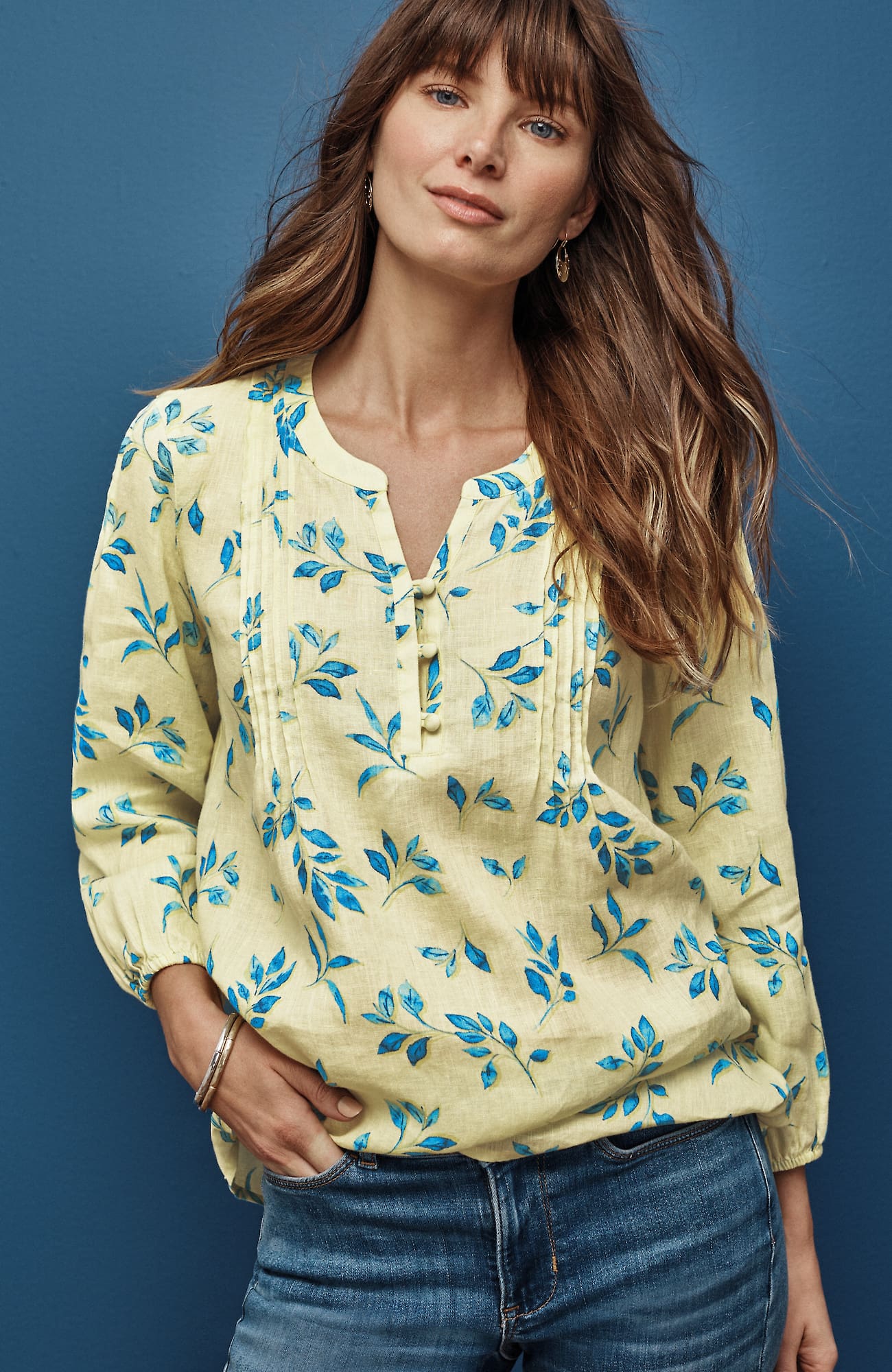 Jjill J.jill Linen Pintucked Top In Sunlight Small Watercolor Fronds