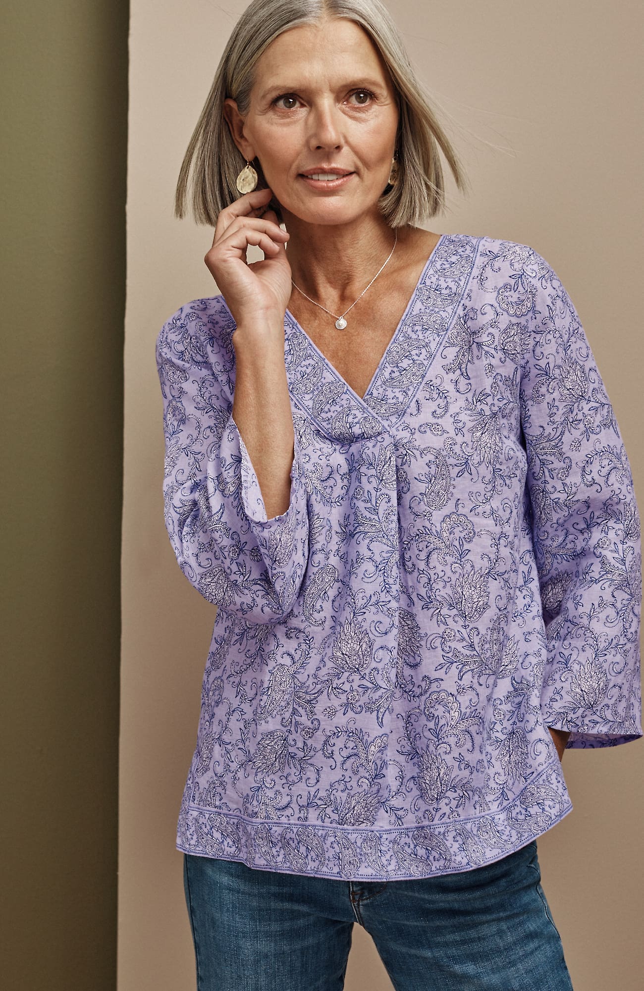 Jjill J.jill Linen Border-printed Popover In Lilac Decorative Paisley Border