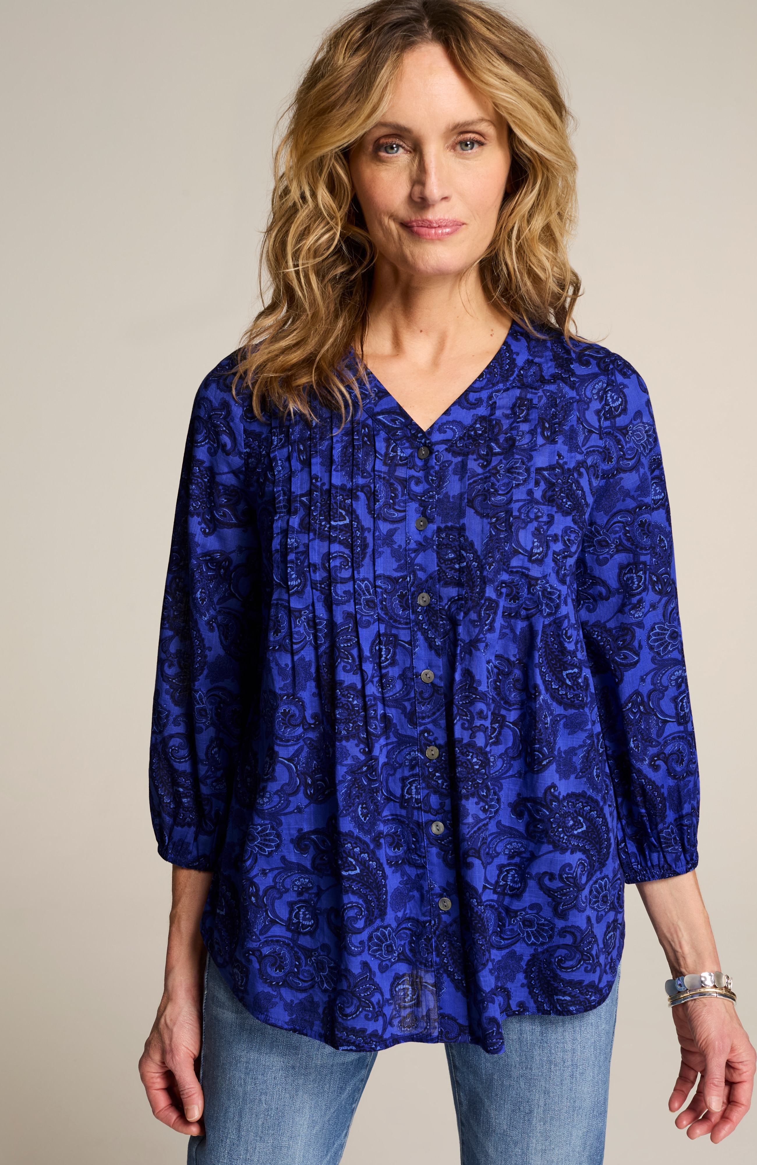 cotton voile printed & pintucked top