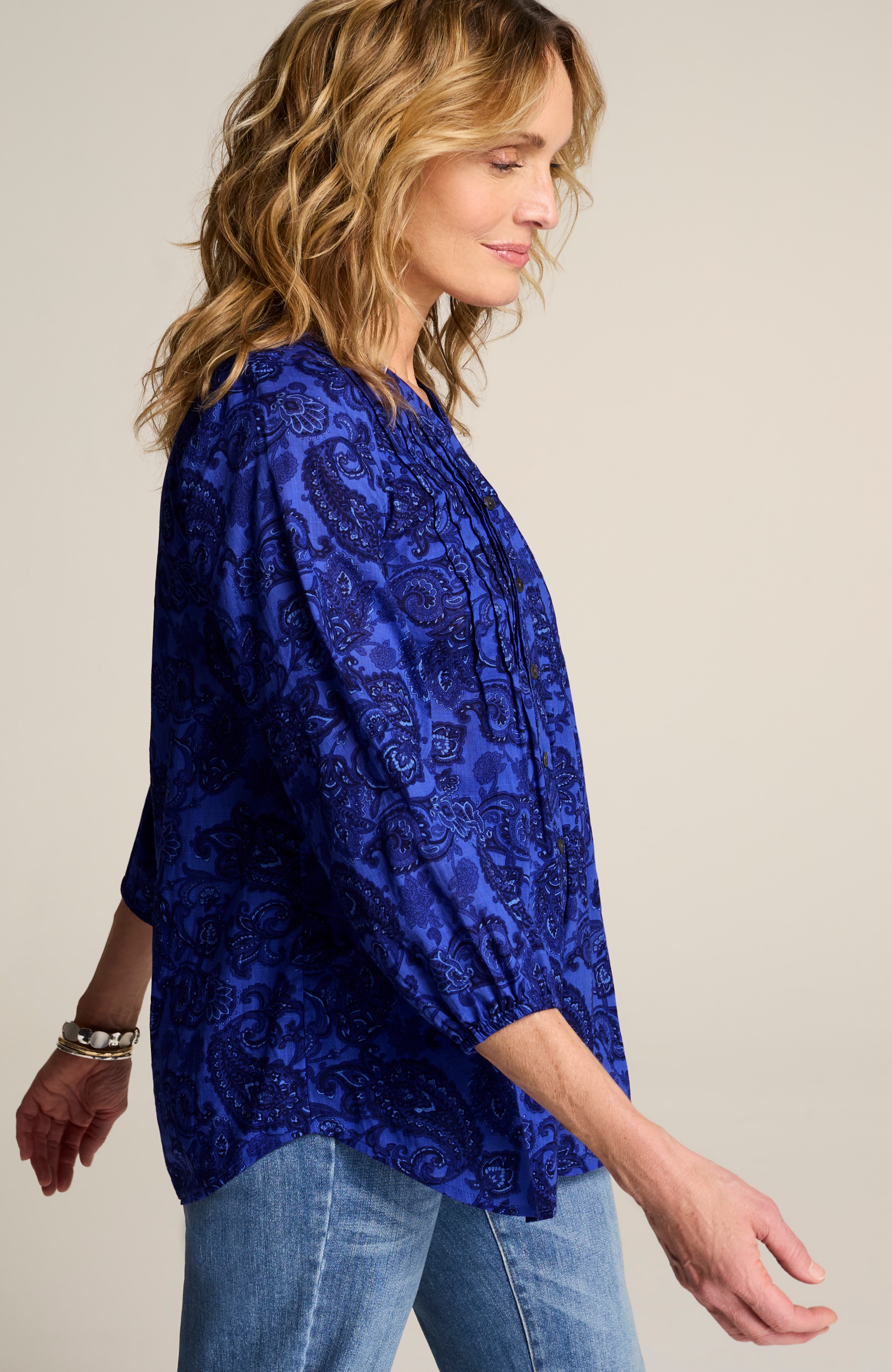 cotton voile printed & pintucked top
