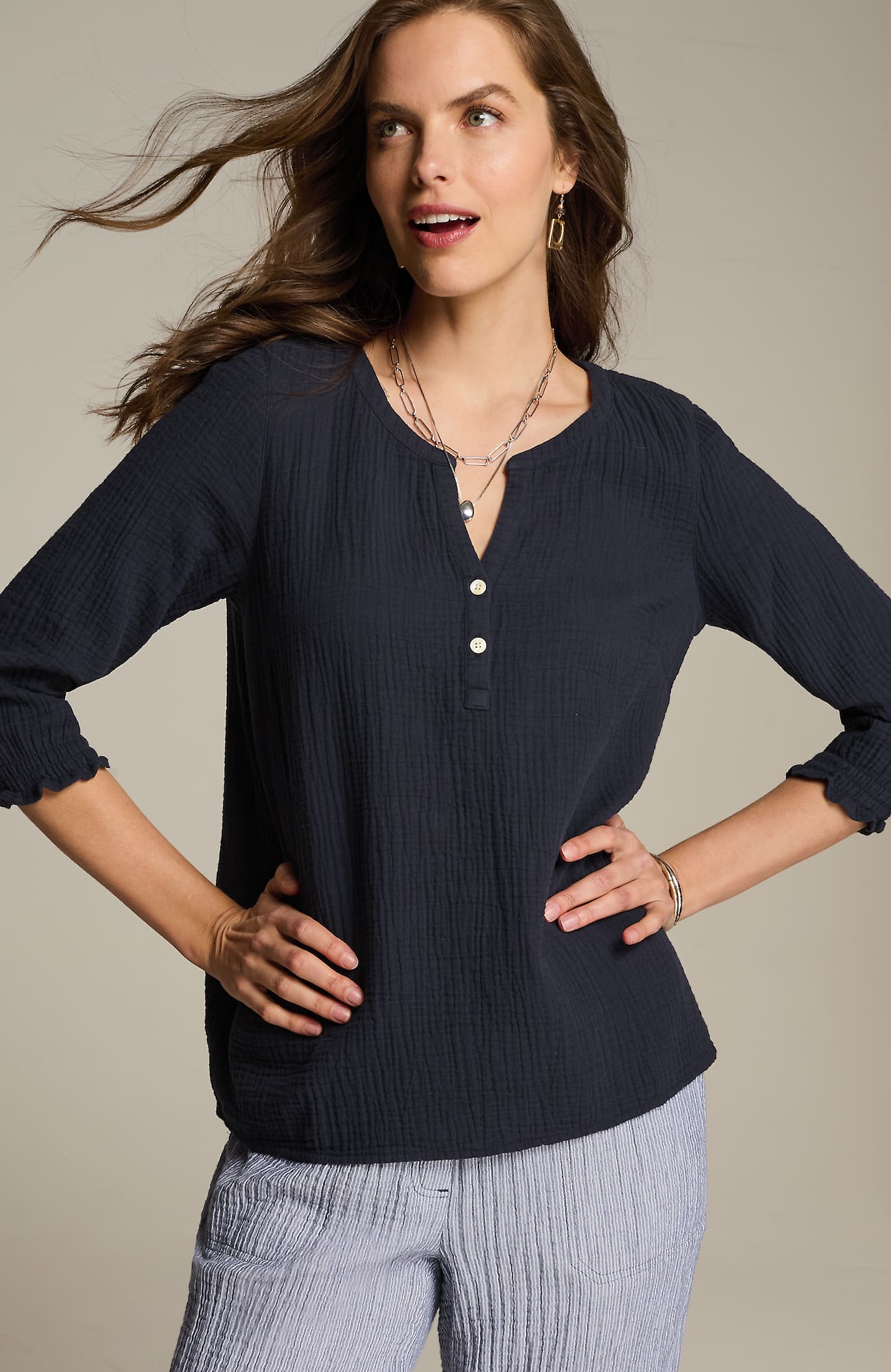 Jjill J.jill Cotton-gauze Smocked-sleeve Top