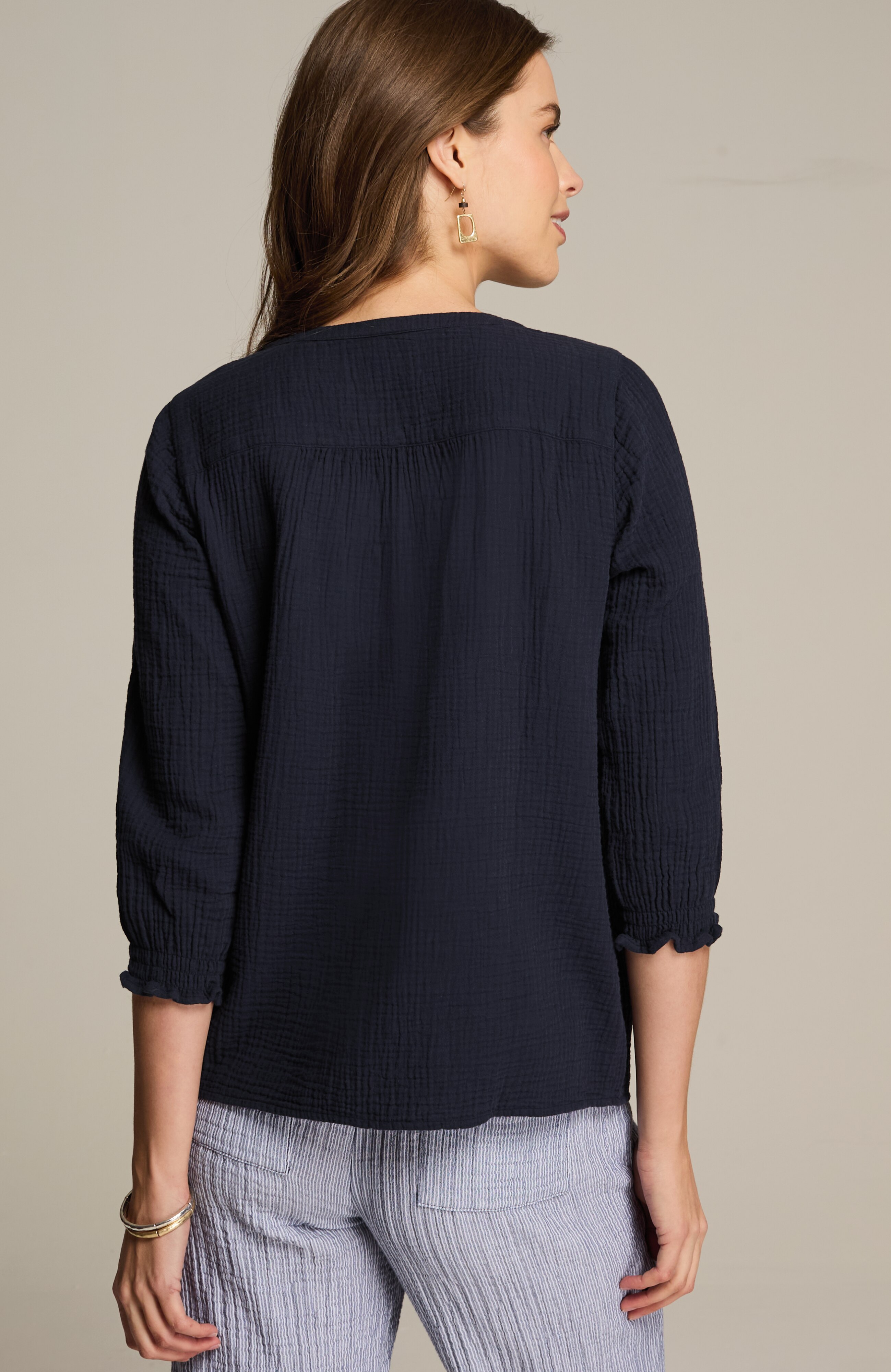 cotton-gauze smocked-sleeve top
