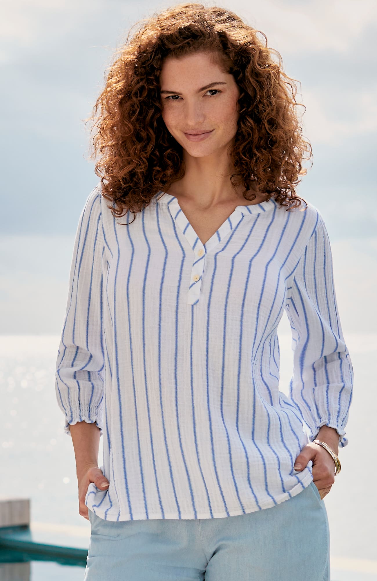 Jjill J.jill Cotton-gauze Smocked-sleeve Top