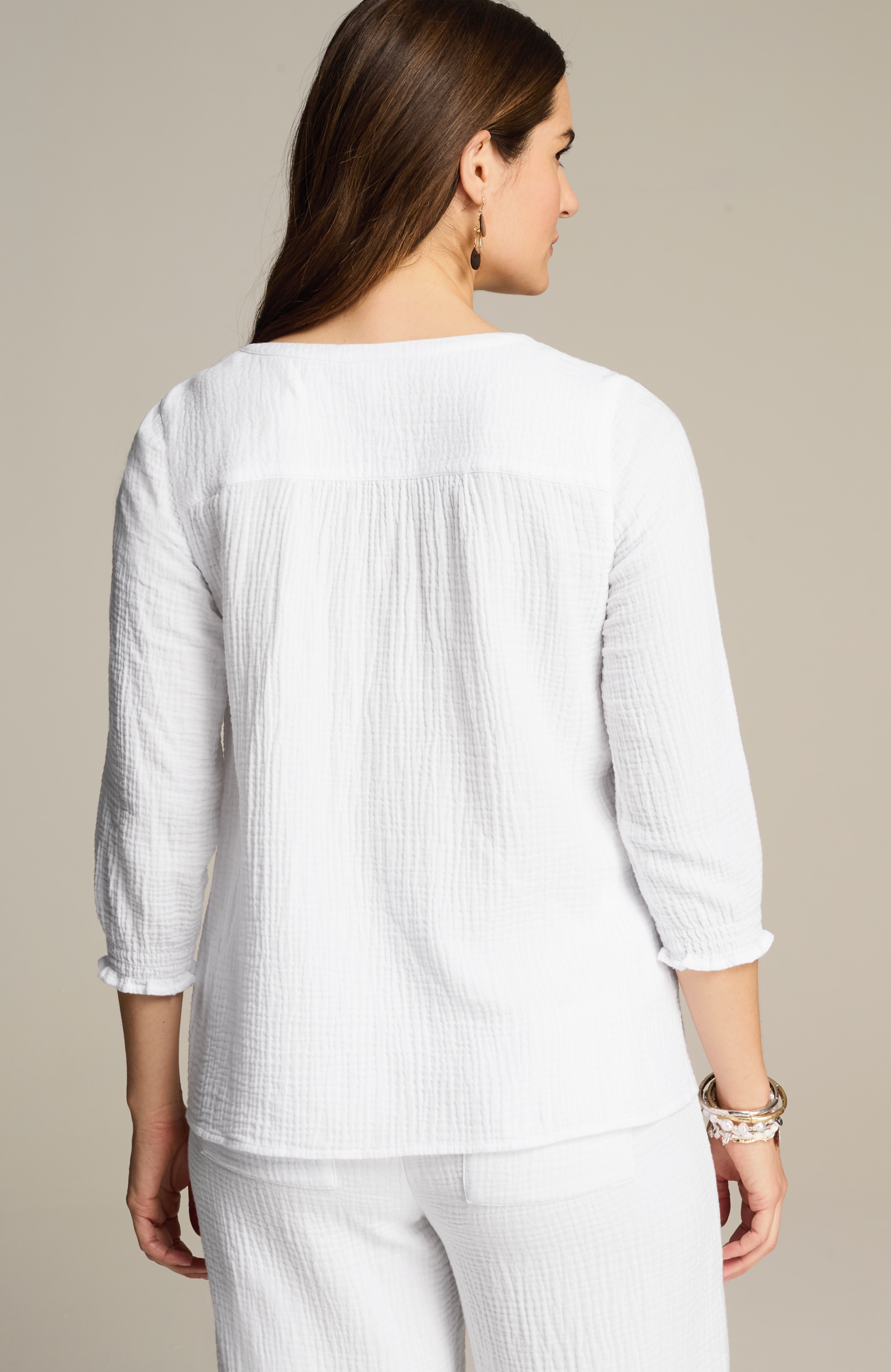 COTTON-GAUZE SMOCKED-SLEEVE TOP | JJill