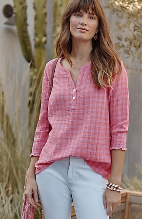 Image for Cotton-Gauze Smocked-Sleeve Top