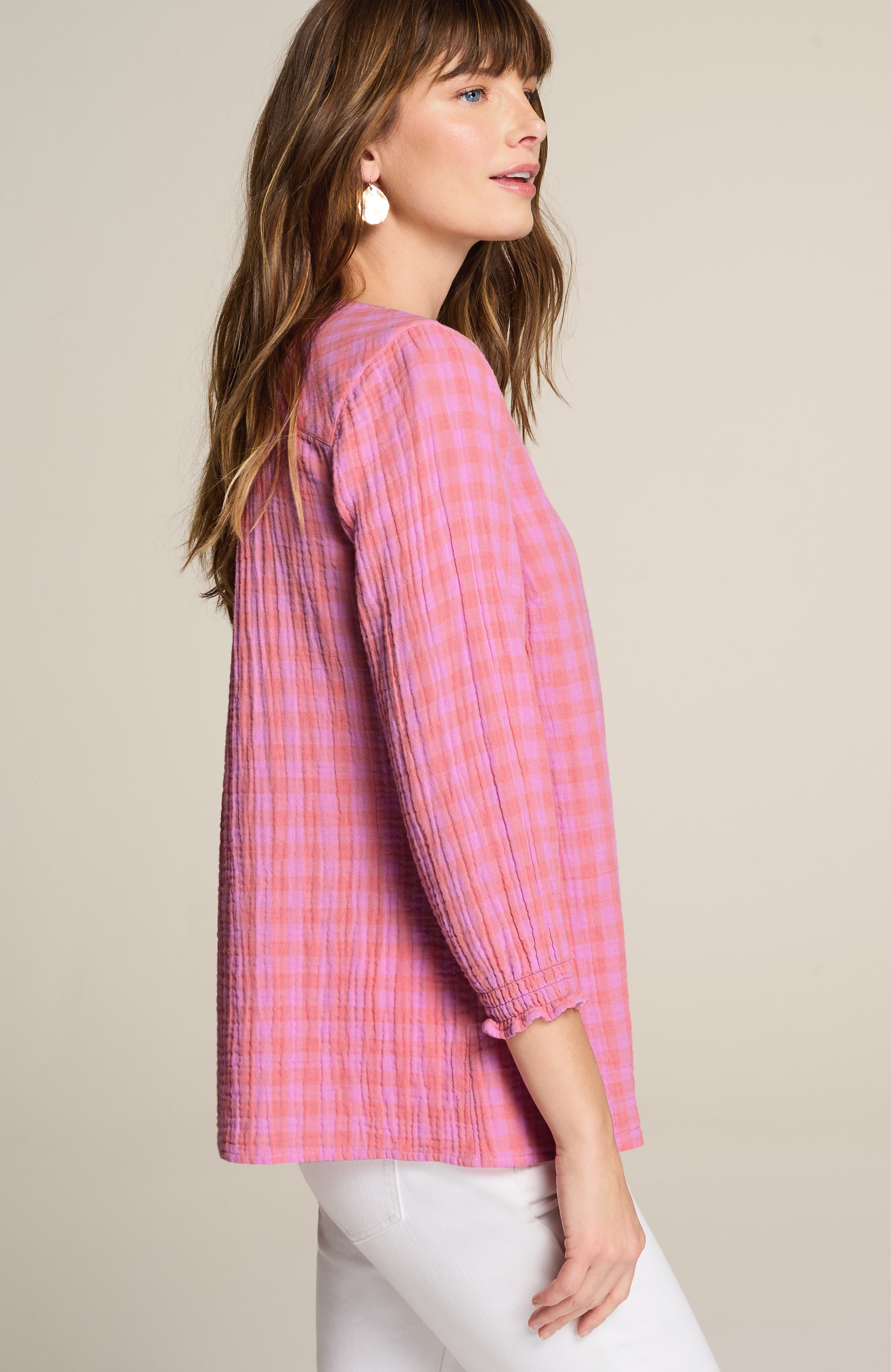 COTTON-GAUZE SMOCKED-SLEEVE TOP | JJill