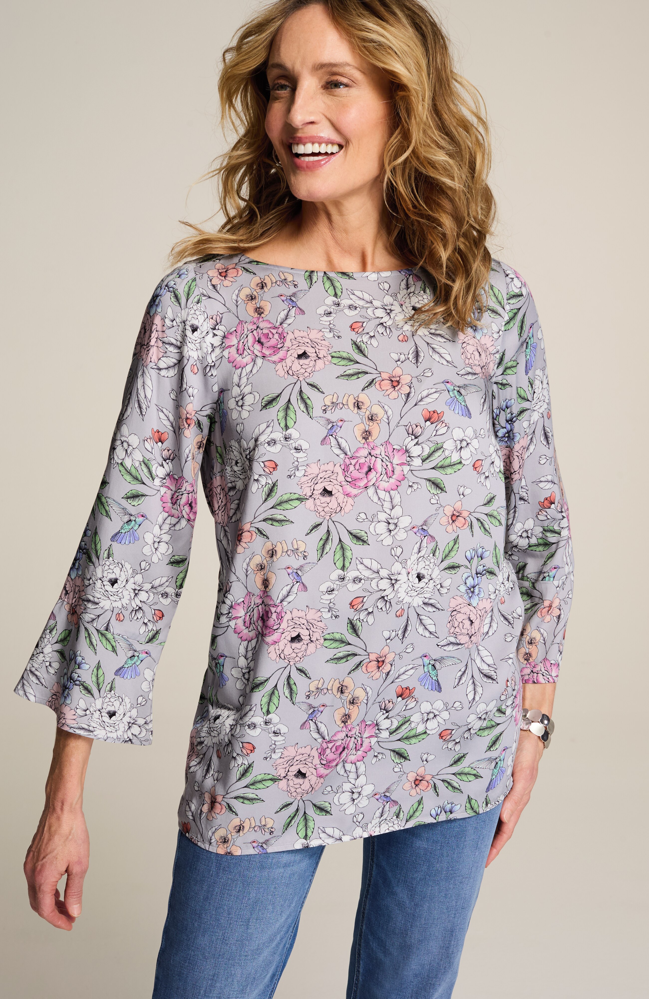 hummingbird-printed satin top