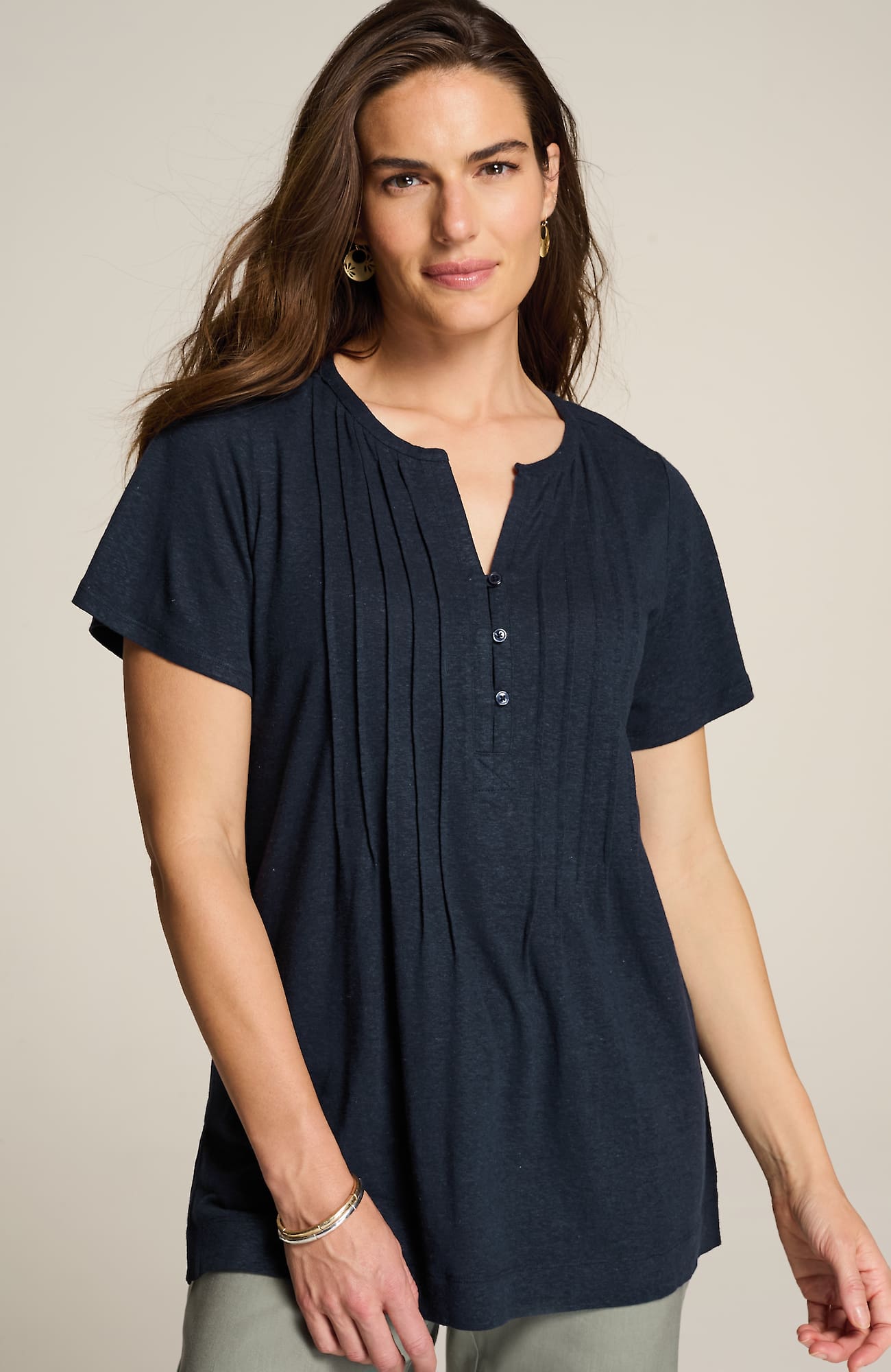 Jjill J.jill Linen-blend Flutter-sleeve Tunic In Navy Blue