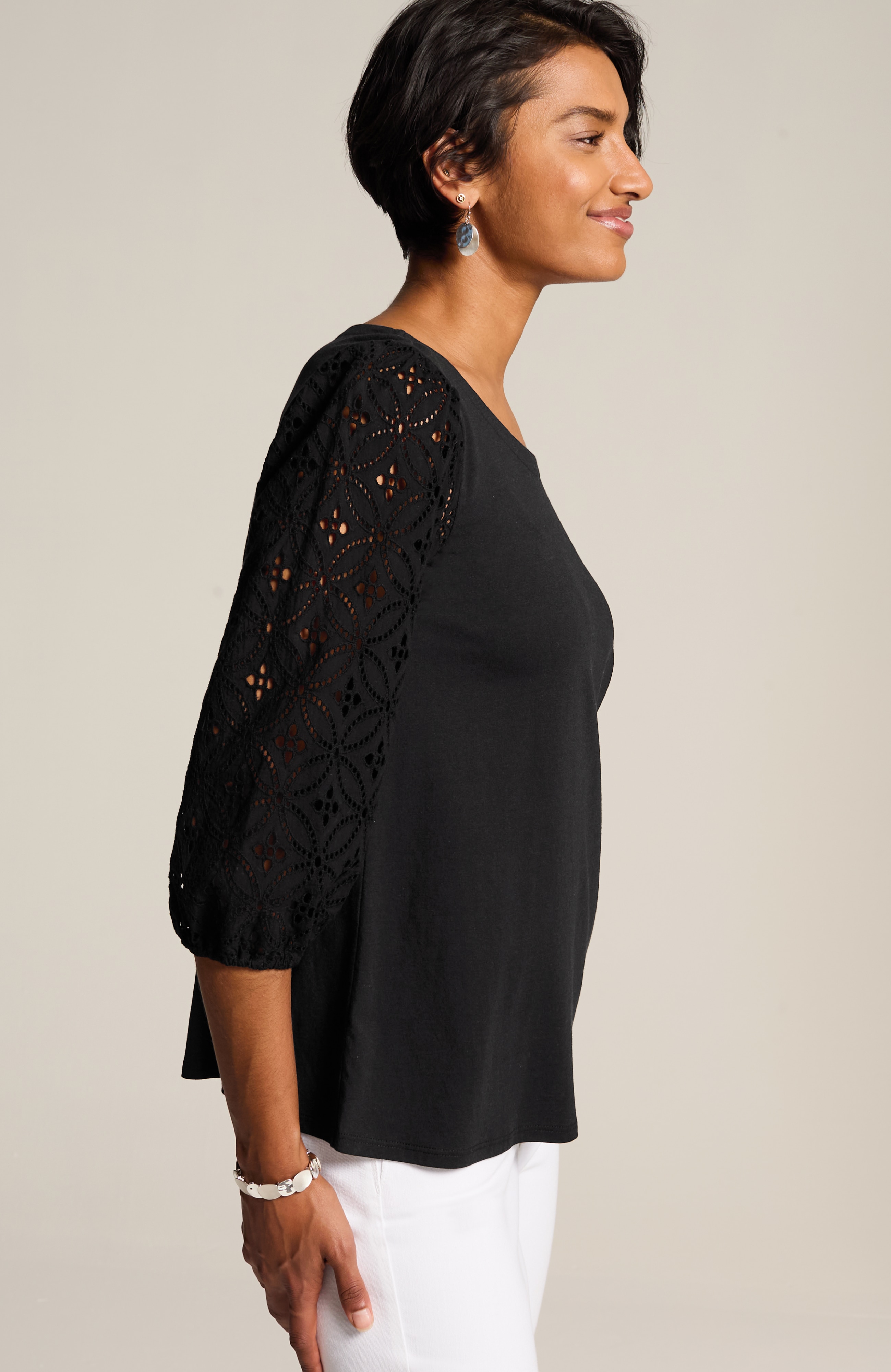mixed-media eyelet-sleeves top