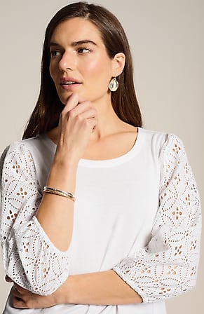 Image for Mixed-Media Eyelet-Sleeves Top