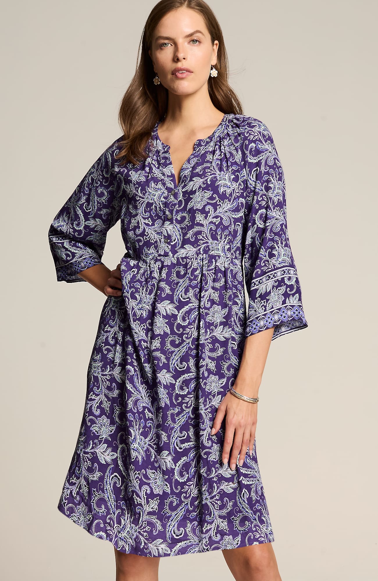 Jjill J.jill Split-neck A-line Dress In Grape Ornamental Jacobean