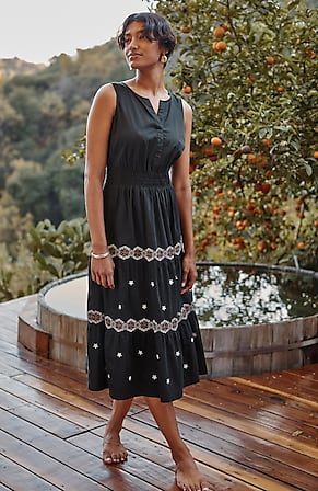 Image for Embroidered Elastic-Waist Midi Dress