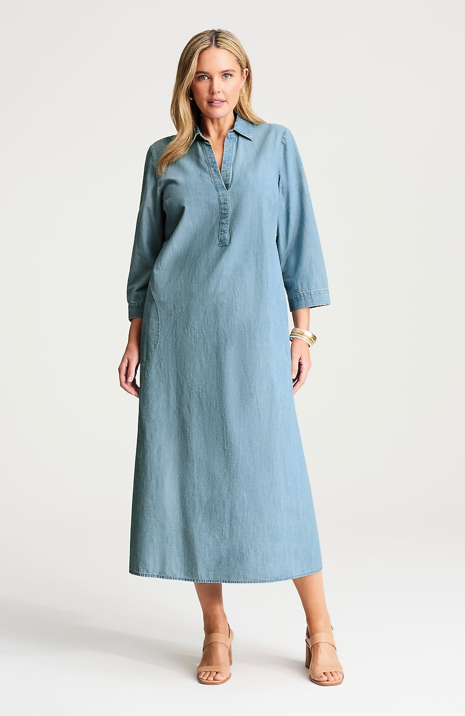 j jill denim shirt dress J. Jill Denim Blue Chambray 100% Tencel Lyocell Ruffle Shirt Dress