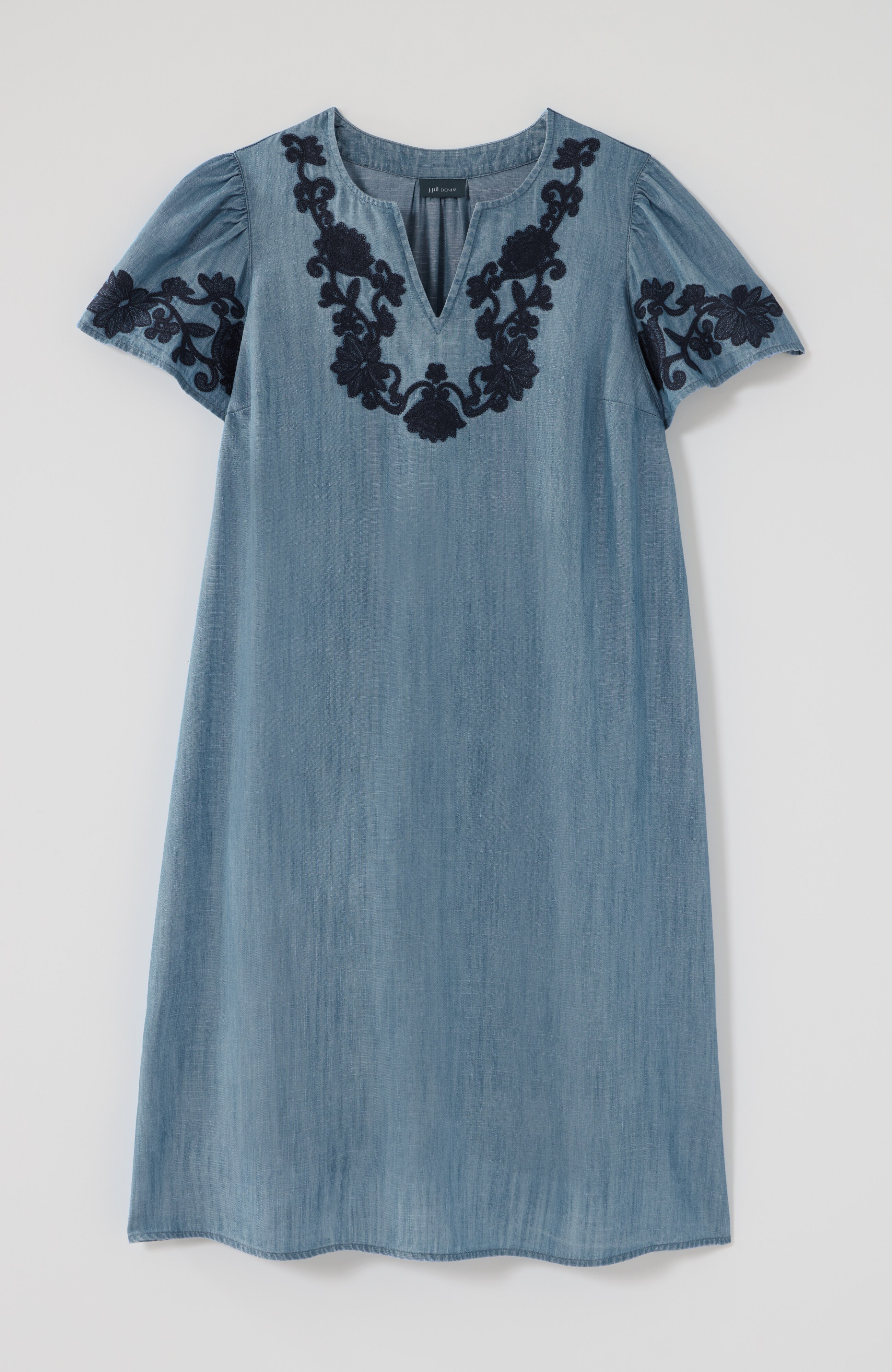 embroidered indigo flutter-sleeve dress