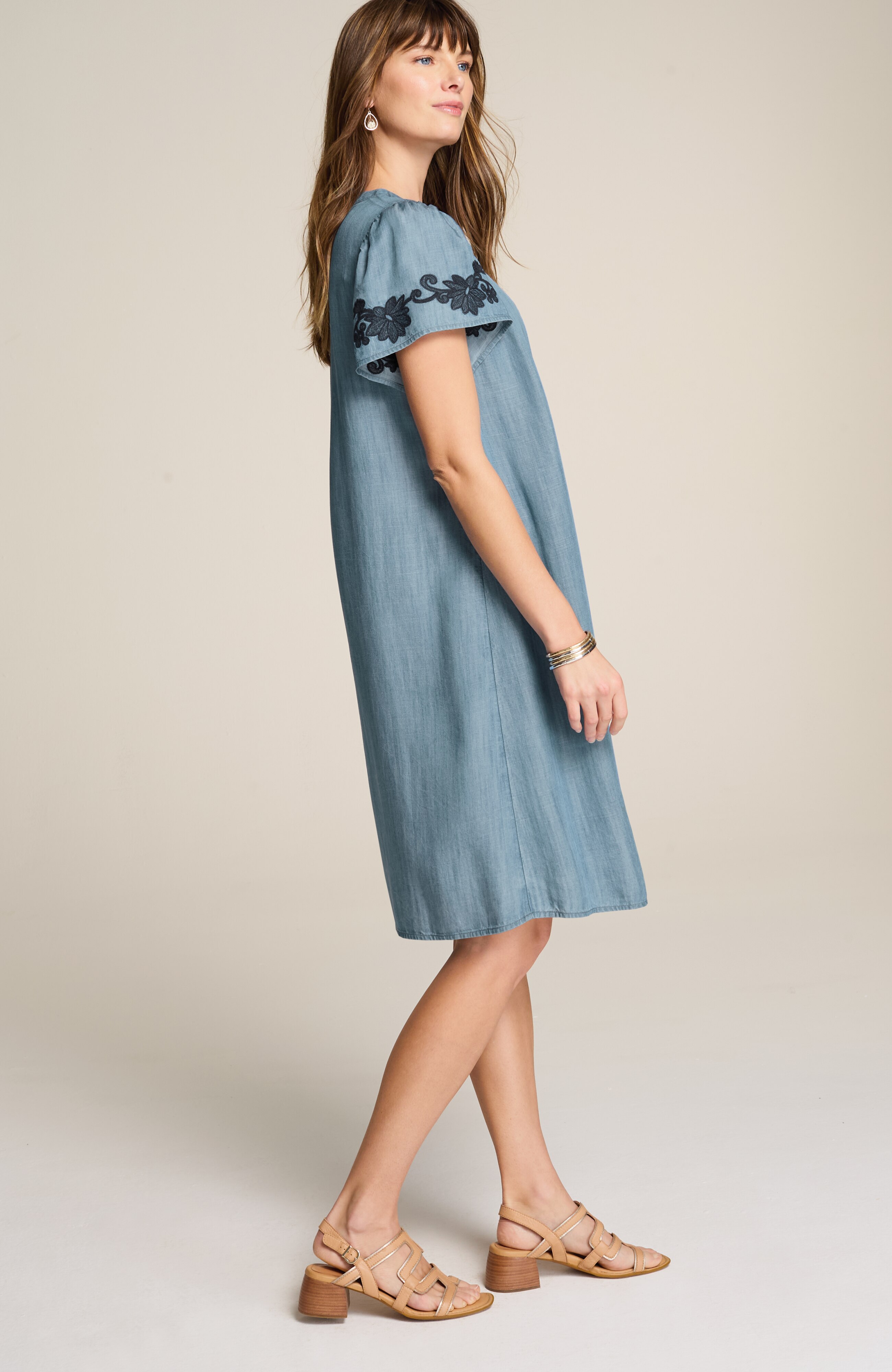embroidered indigo flutter-sleeve dress