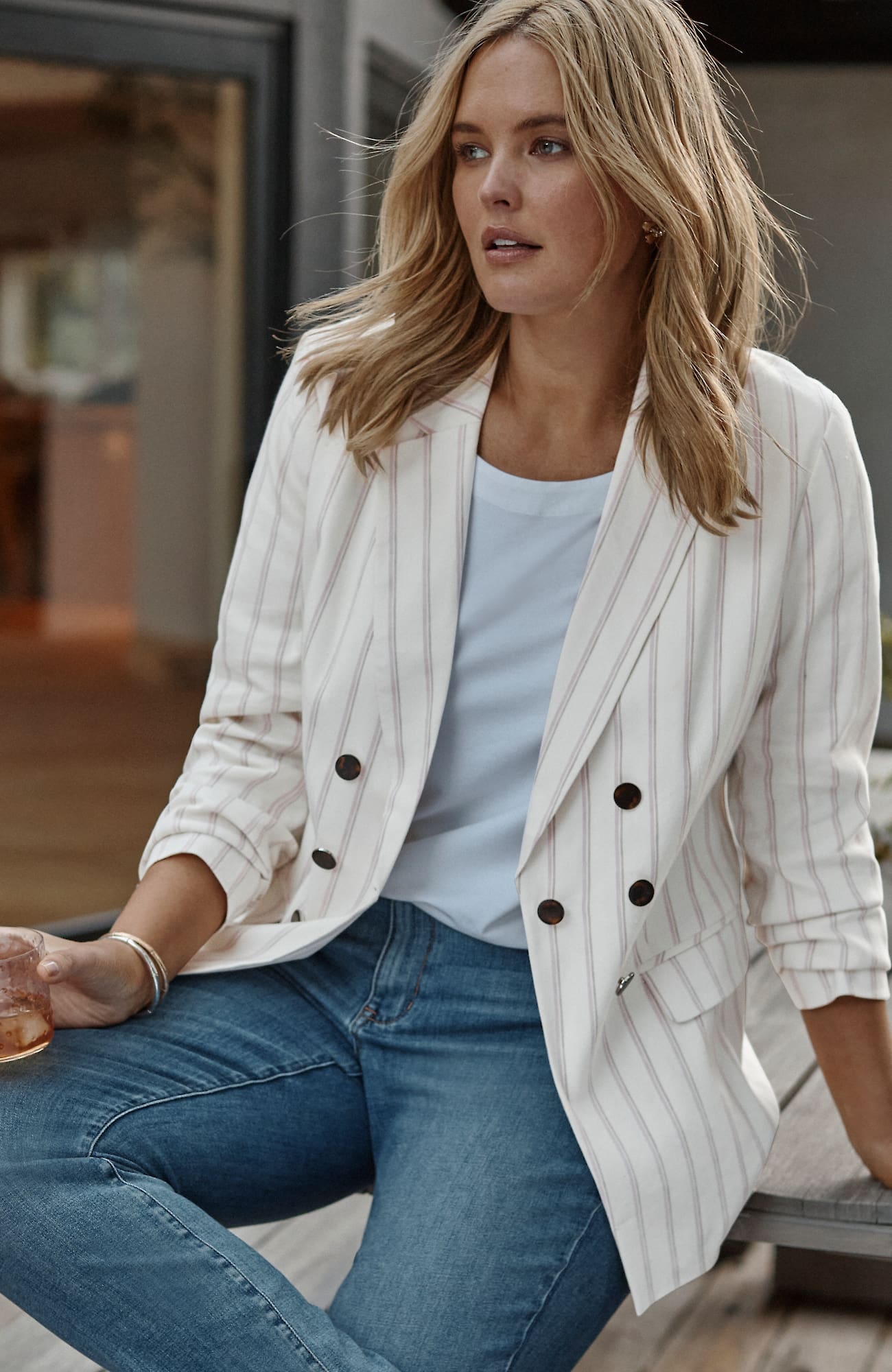 Jjill J.jill Linen-stretch Double-breasted Blazer In Barley Multi