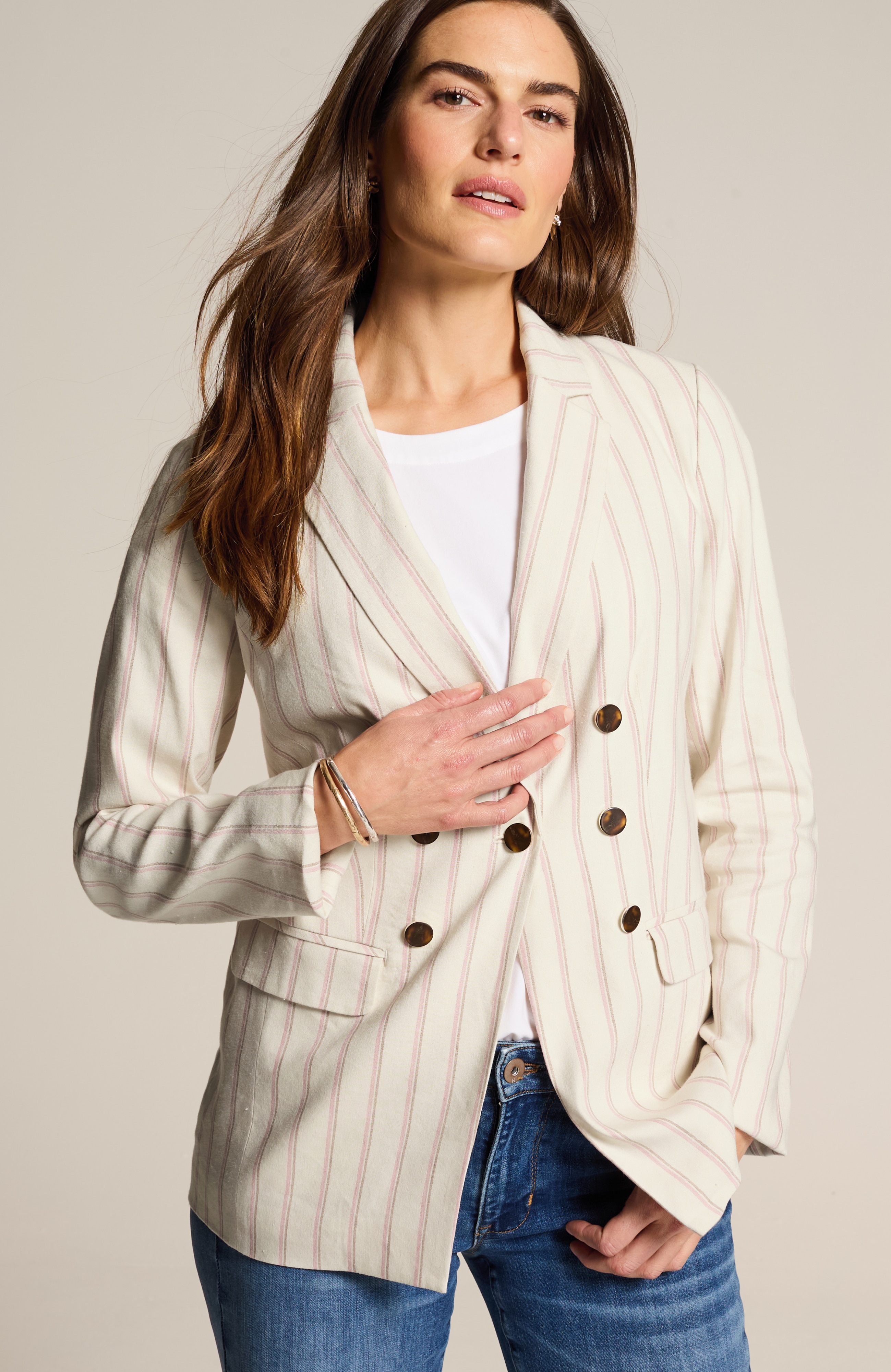 linen-stretch double-breasted blazer