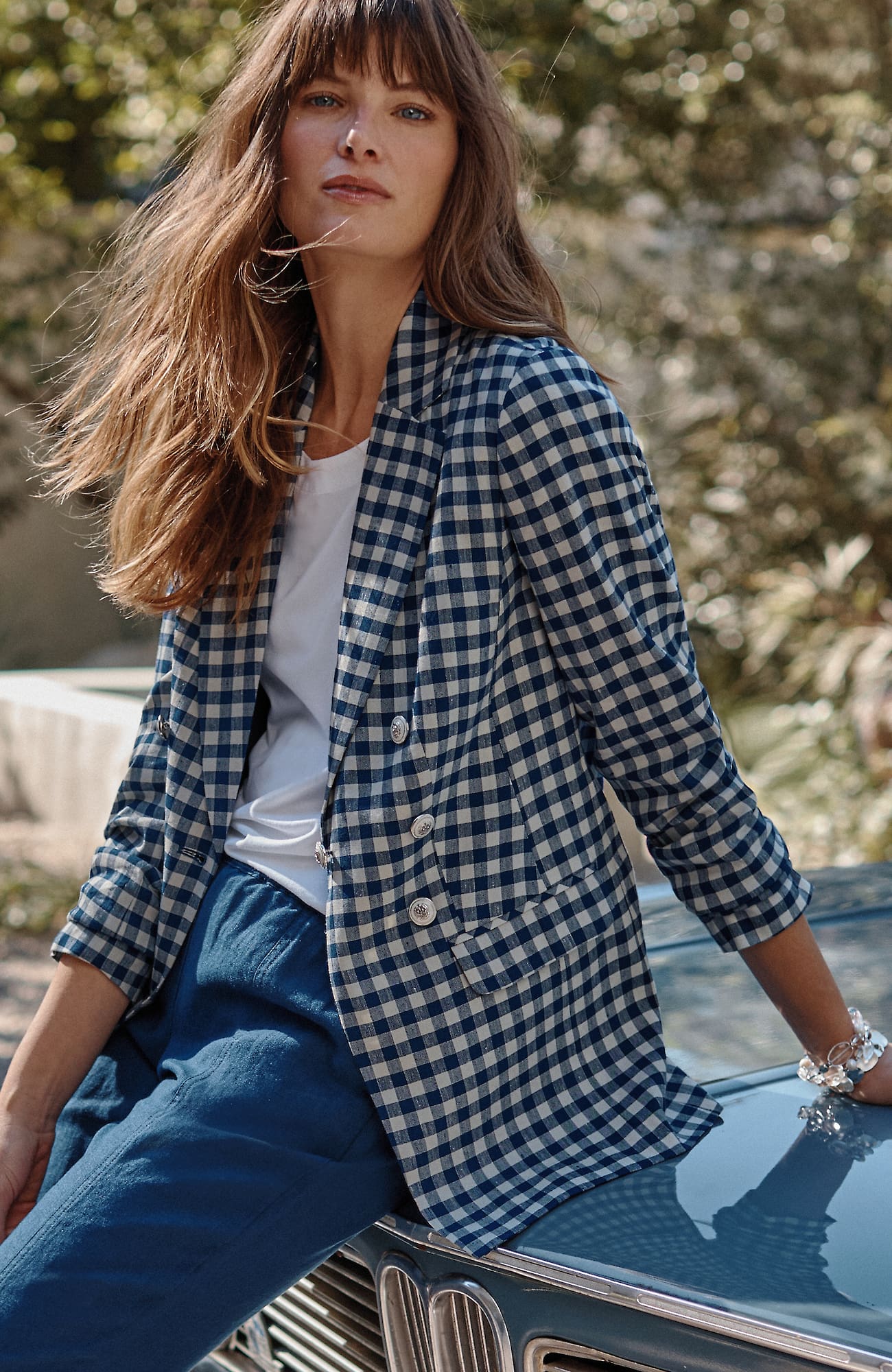 Shop Jjill J.jill Linen-stretch Double-breasted Blazer In Blue Ink,french White