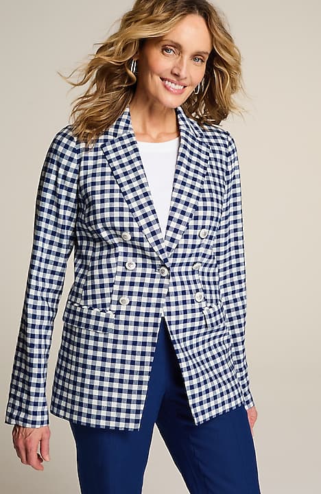 linen-stretch double-breasted blazer