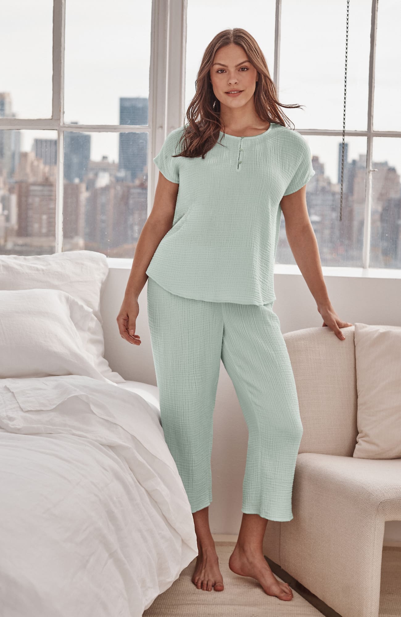 Women's Sleep Cotton-Gauze Wide-Leg Crops (Sweet Celadon/Dark Sweet Celadon) (Size: M) J. Jill